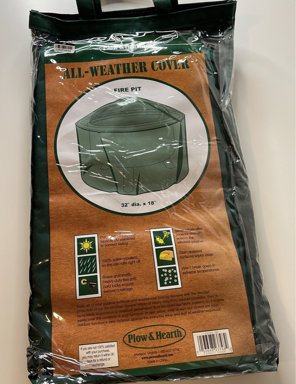 Plow & Hearth 32" Dia. x 18"H Deluxe Outdoor Fire Pit Cover, in Green - New