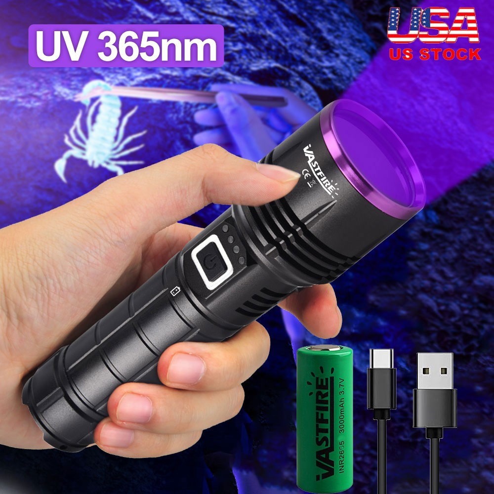 30W 365nm UV Flashlight Rechargeable Ultra Violet Black Light LED USB Charging