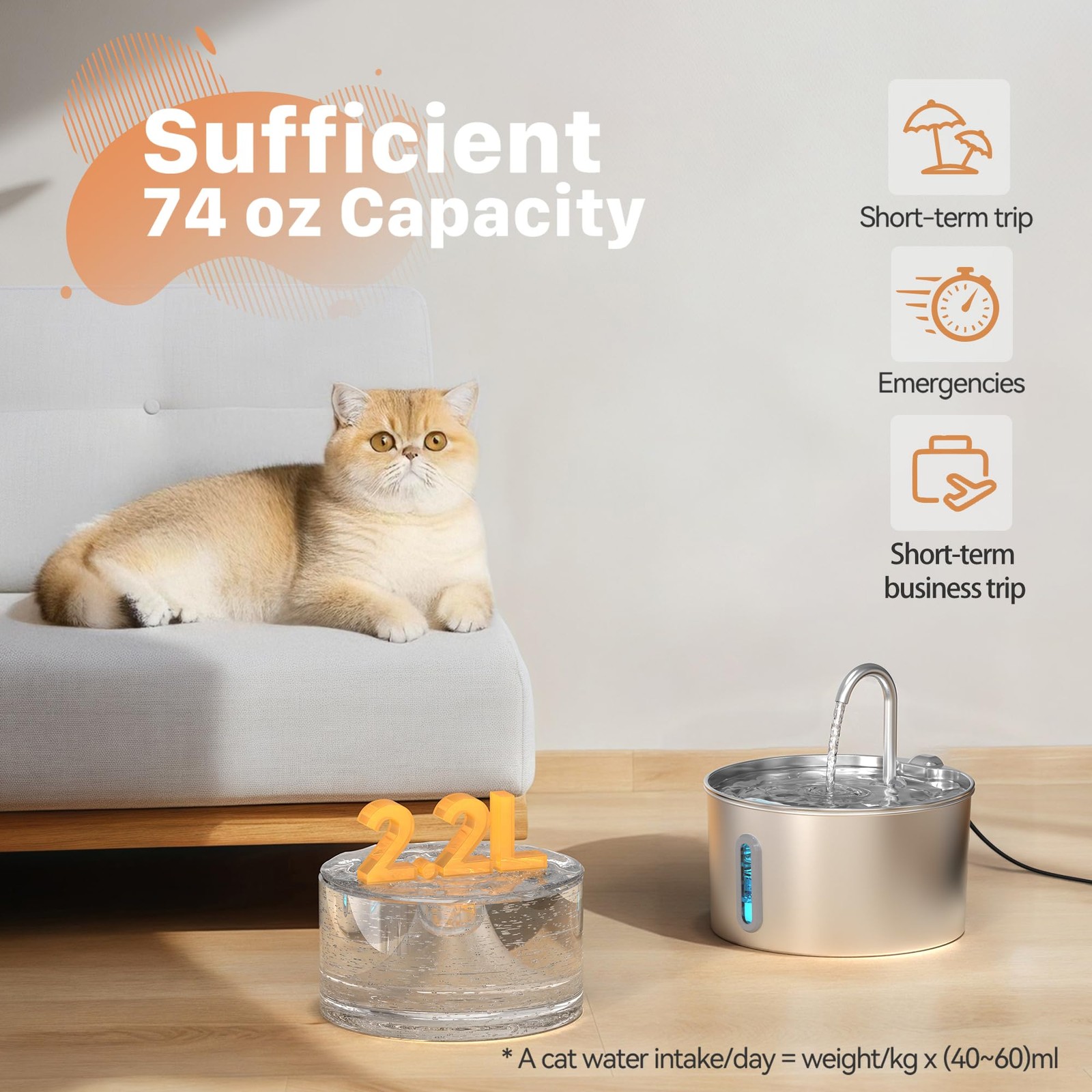 Cat Water Fountain Stainless Steel: 2.2 L Cat Fountain for Drinking - Automat...