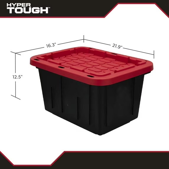 Hyper Tough 27 Gallon Large Storage Bin with Snap Lid, Black and Red, Heavy Duty