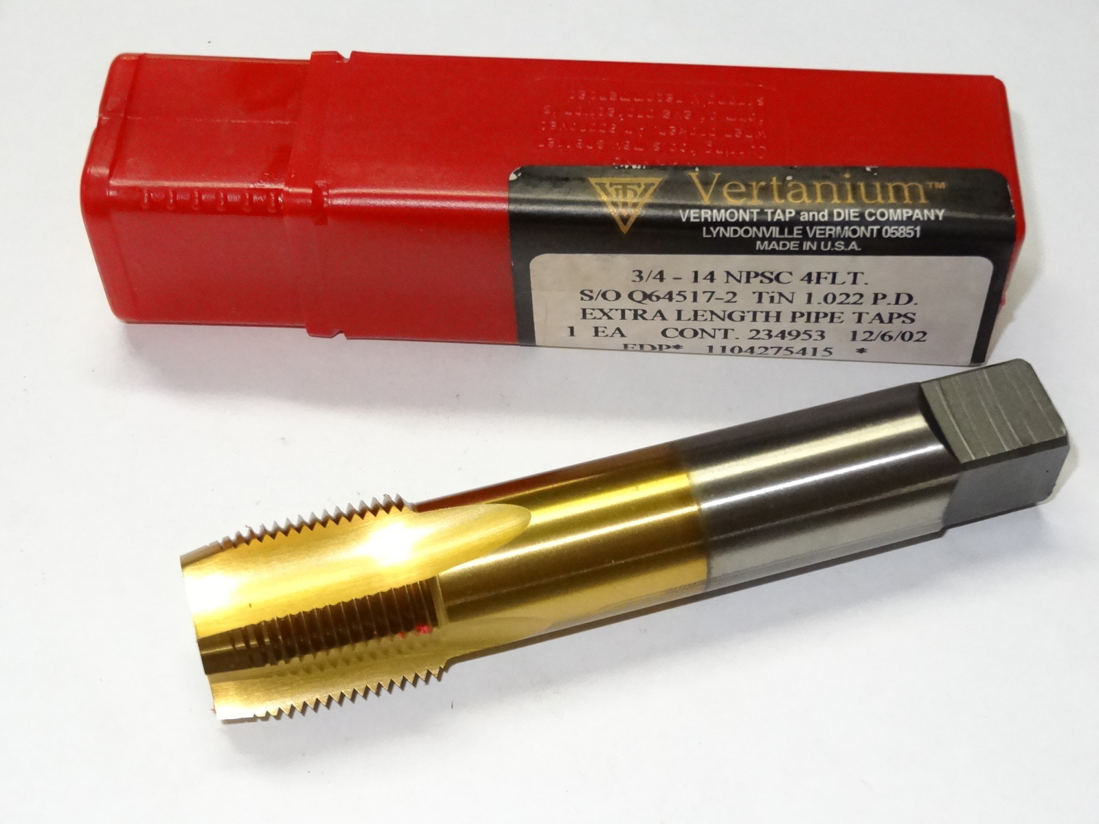 1 pcs VERMONT 3/4"-14 NPSC 4 Flutes 1.022 TiN Coated Extra Length Pipe Tap USA