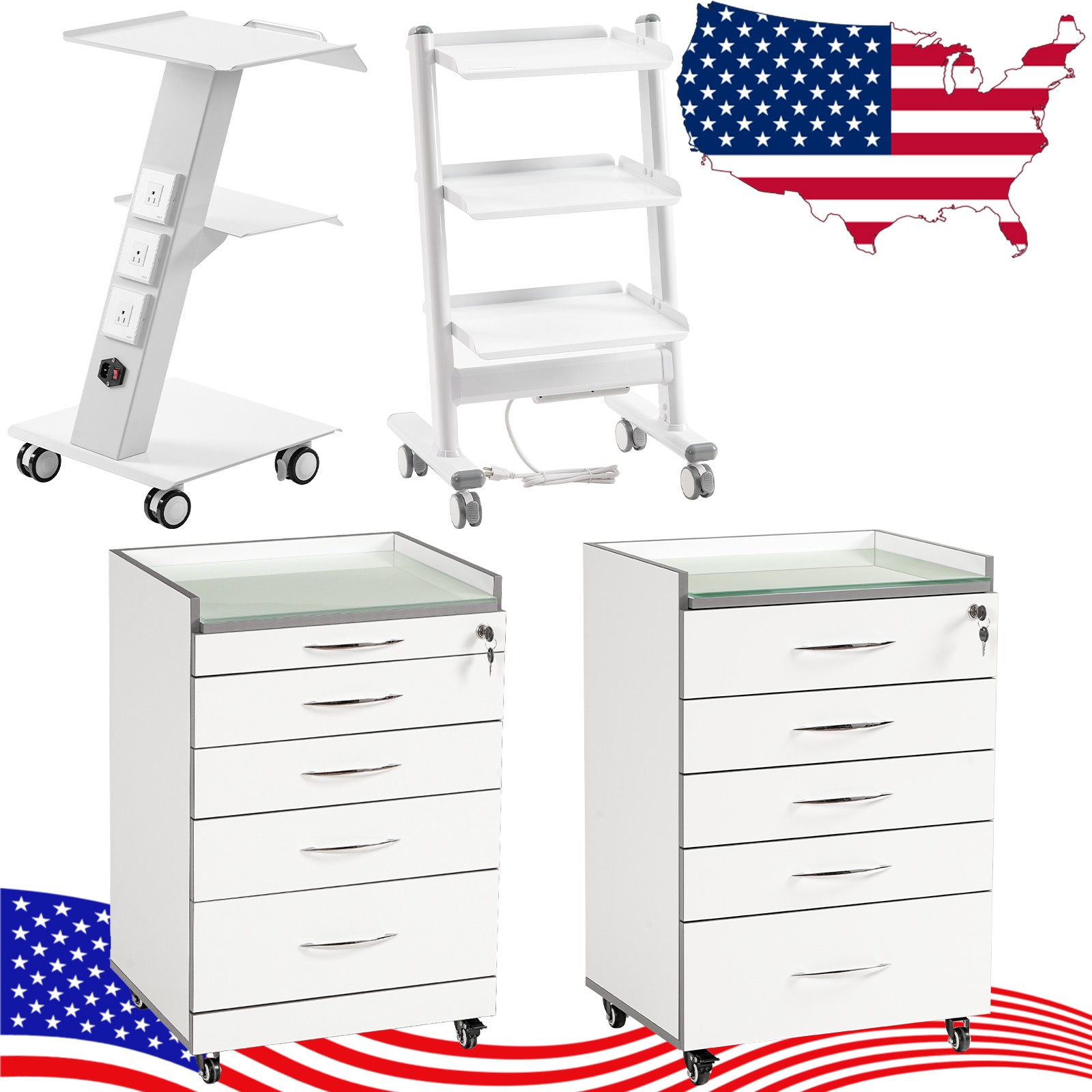 Dental 3Layer Trolley Mobile Rolling Cart/Drawers Storage Cart+Glass Top+Socket