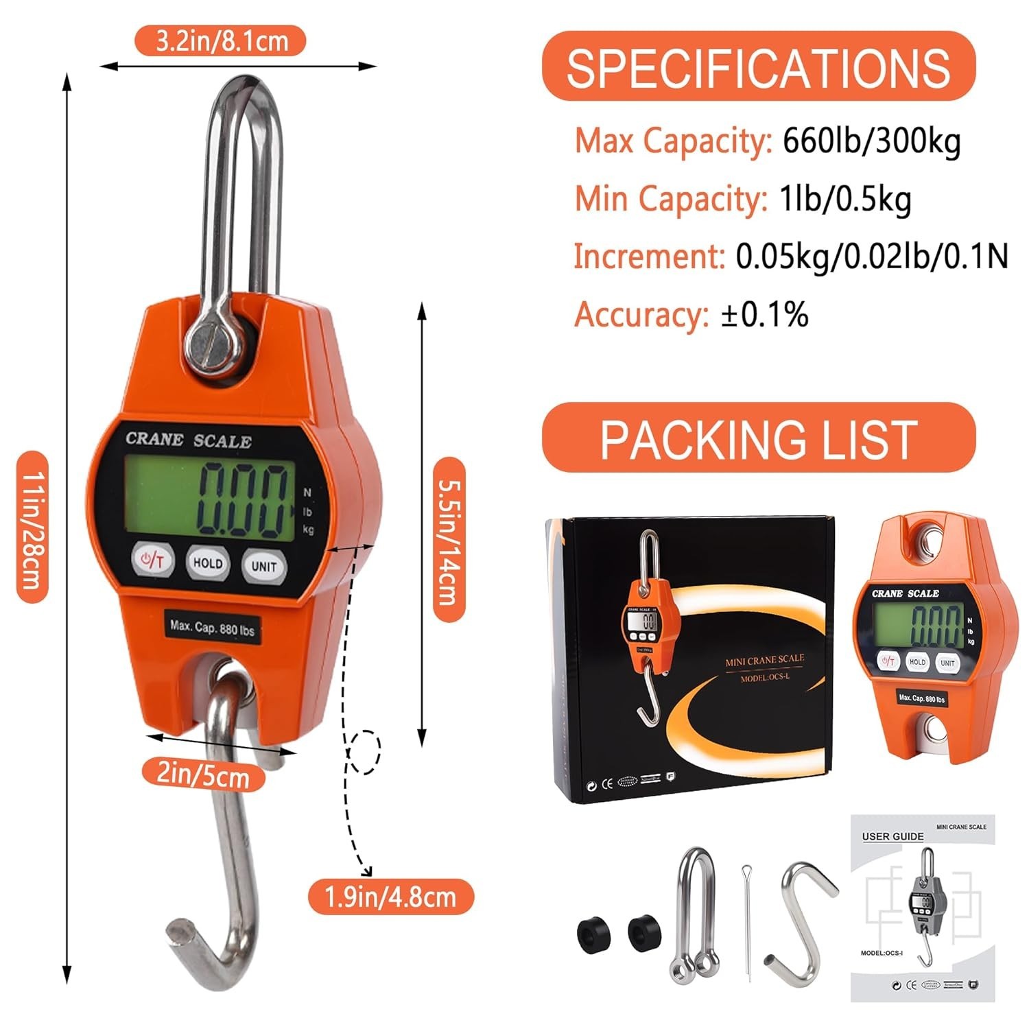 660lb/300kg Digital Crane Scale - Compact LCD Handheld Hanging Scale for Gara...