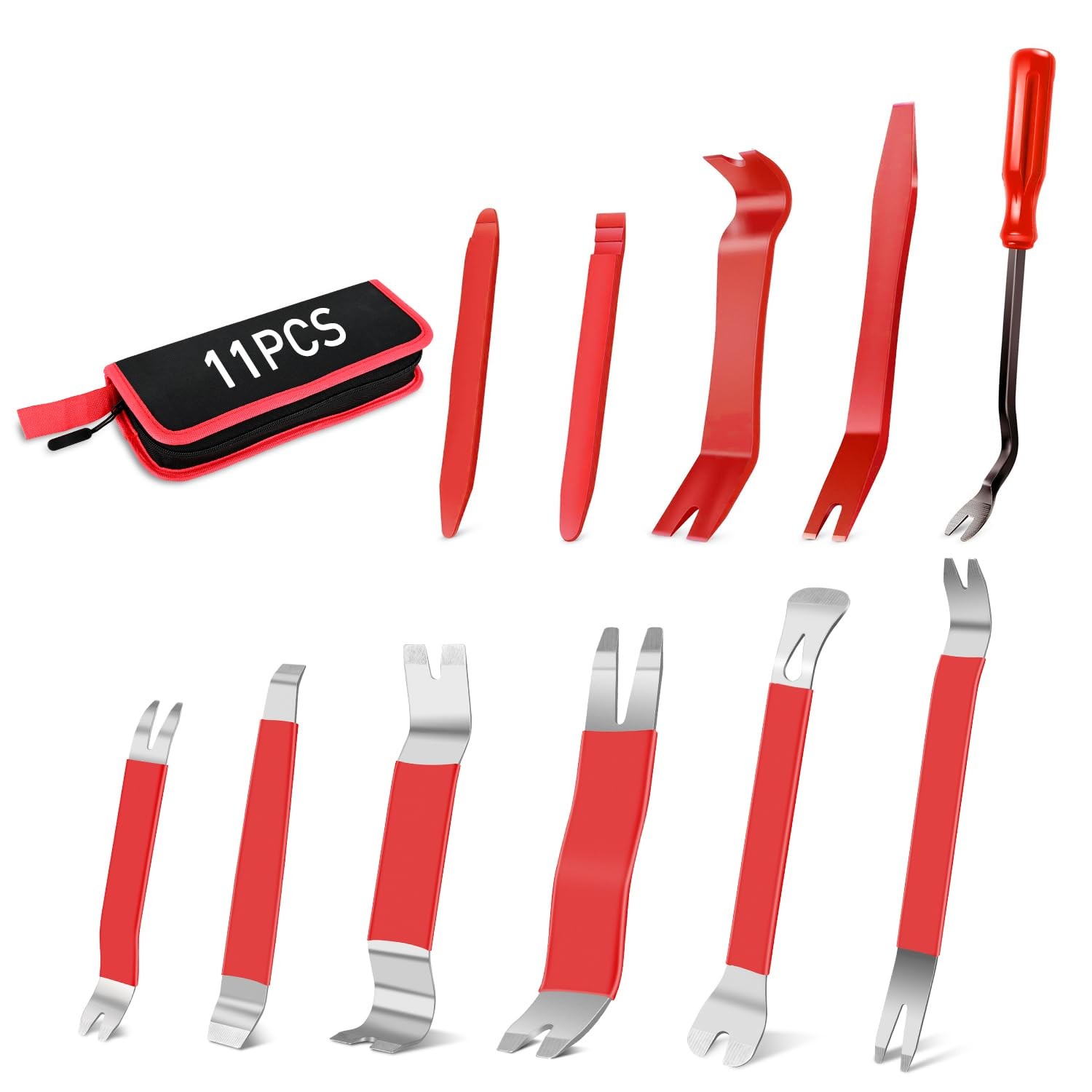 GOOACC 11PCS Trim Removal Tool Kit, Metal & Nylon Pry Tools Set 11Pcs, Red