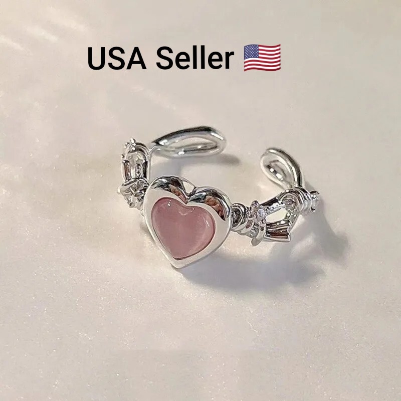 New Heart Love Opening Ring Cat Eye Women Rings Fashion Jewelry Pink Love Size 8