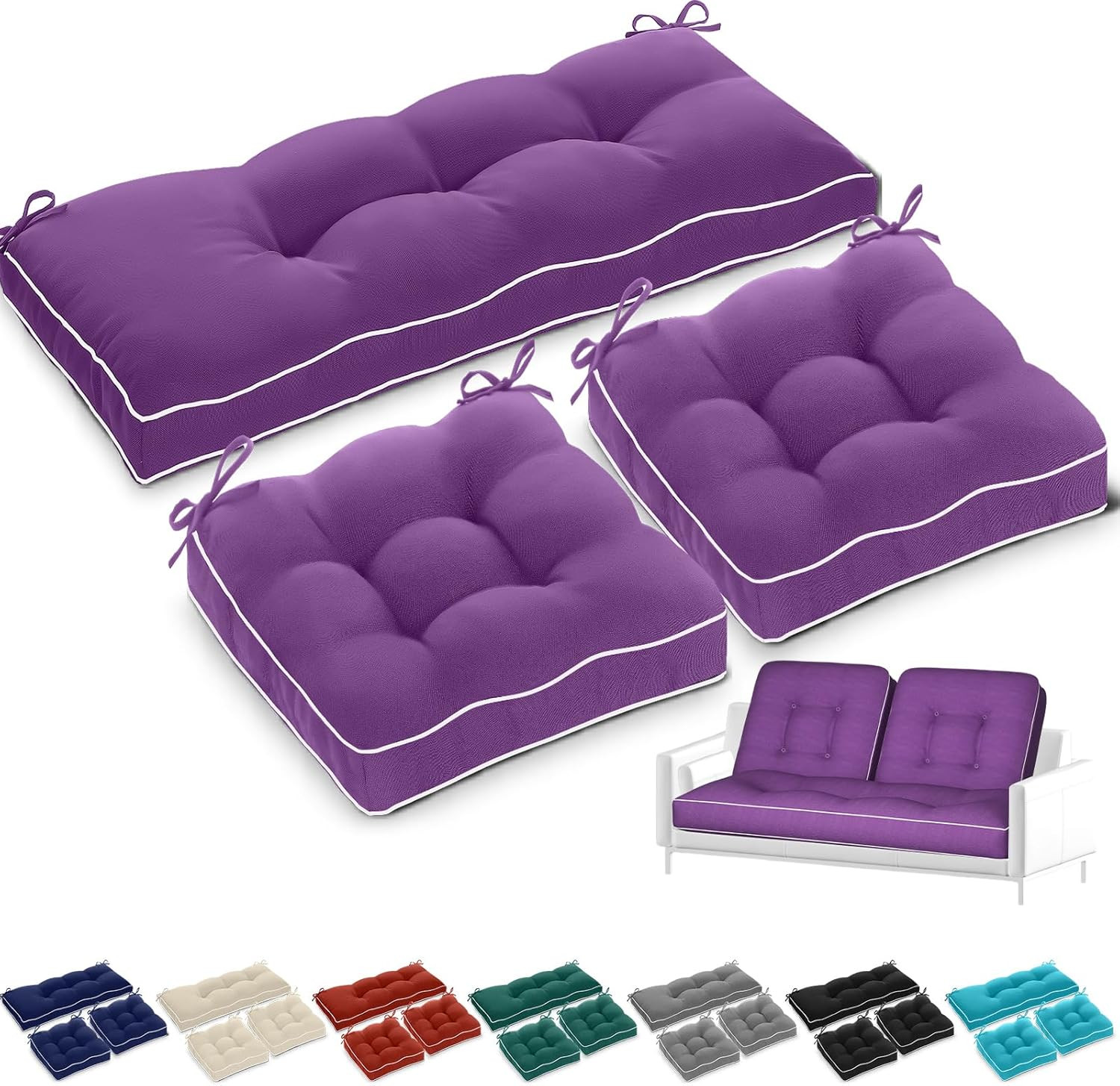 Purple Waterproof Outdoor Wicker Chair Cushions Set of 3 - Fade Resistant