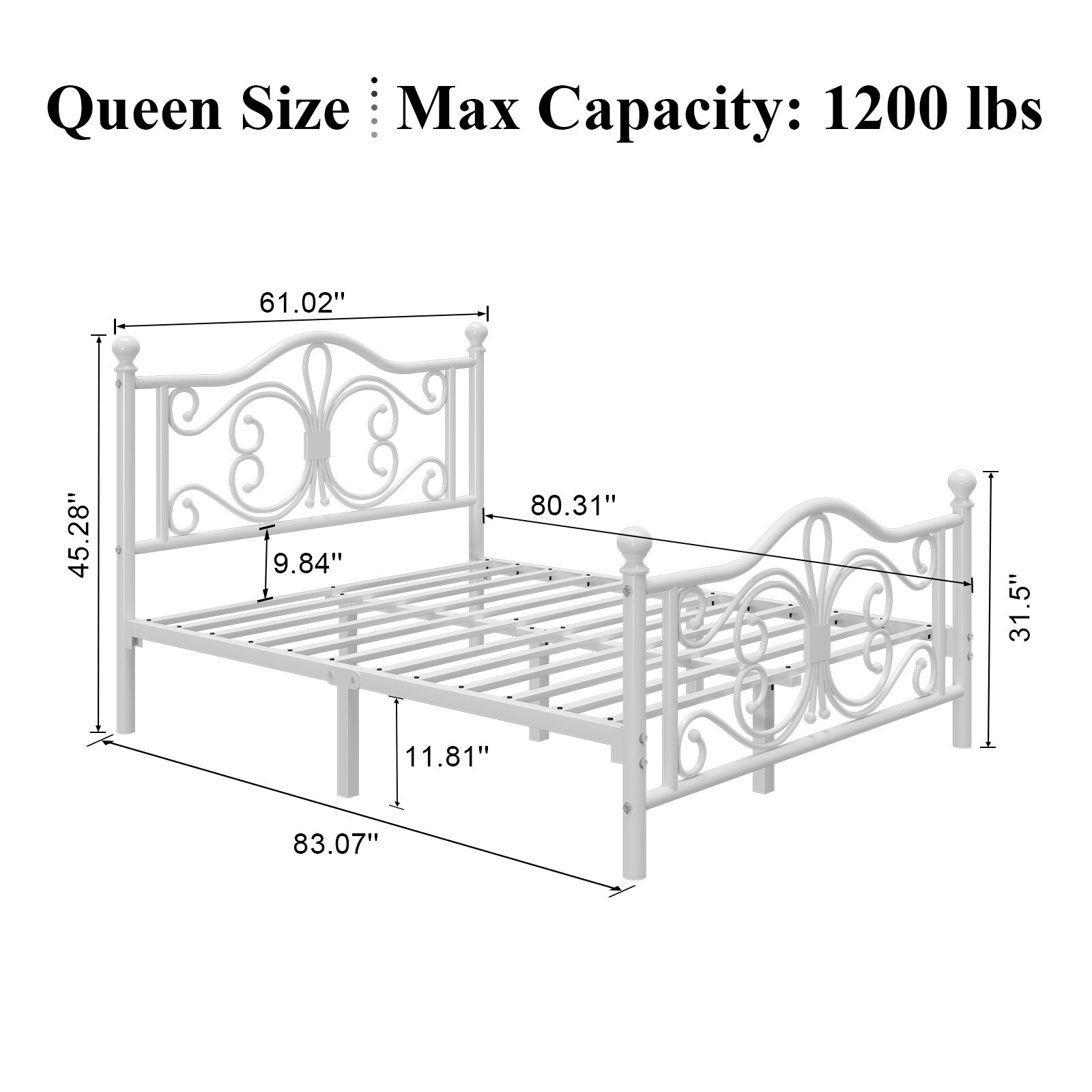 Queen Size Bed Frame with Butterfly Pattern Design Strong Metal Slats Support