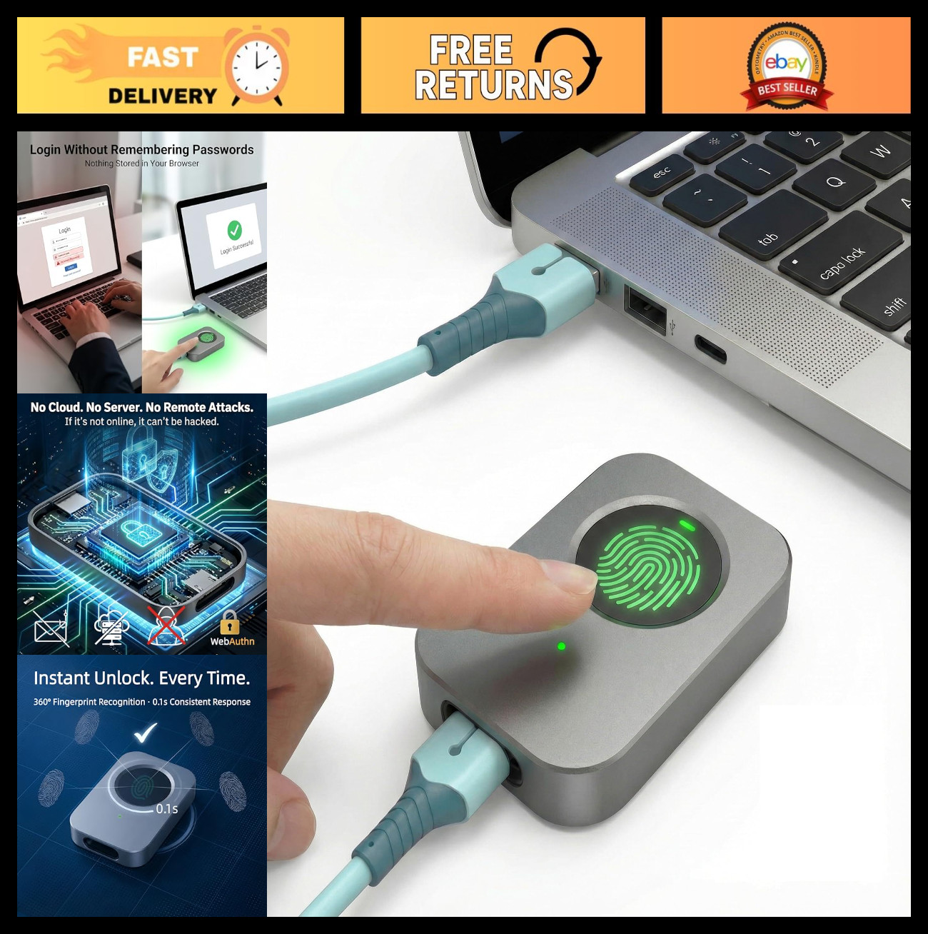 USB Biometric Fingerprint Reader for Windows 11/10, Secure Offline Login & Data