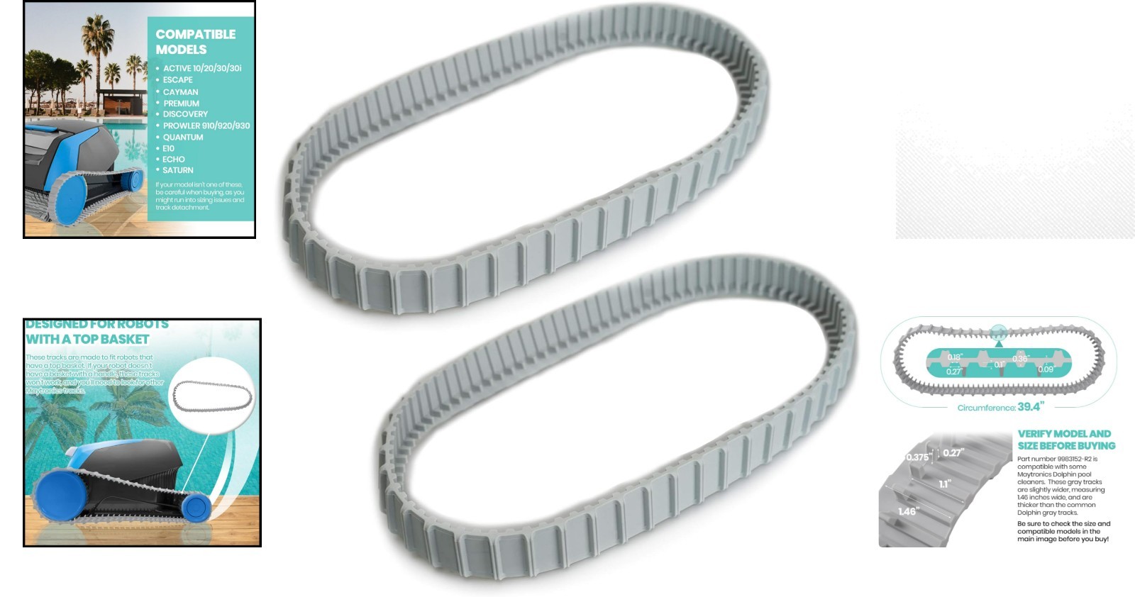 2-Pack Replacement Gray Tracks 9983152-R2 for Maytronics Dolphin Cleaners