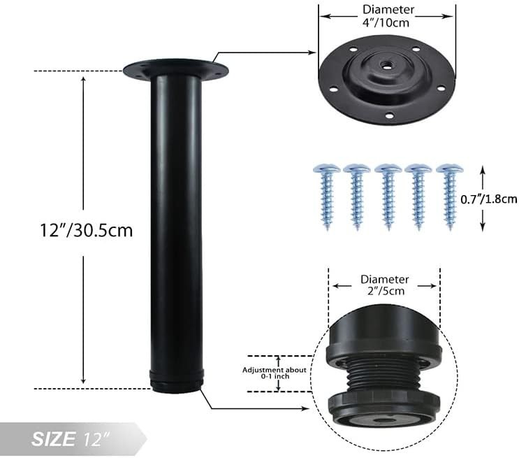 12-Inch Adjustable Black Metal Table Legs - Set of 4 for All Furniture Types
