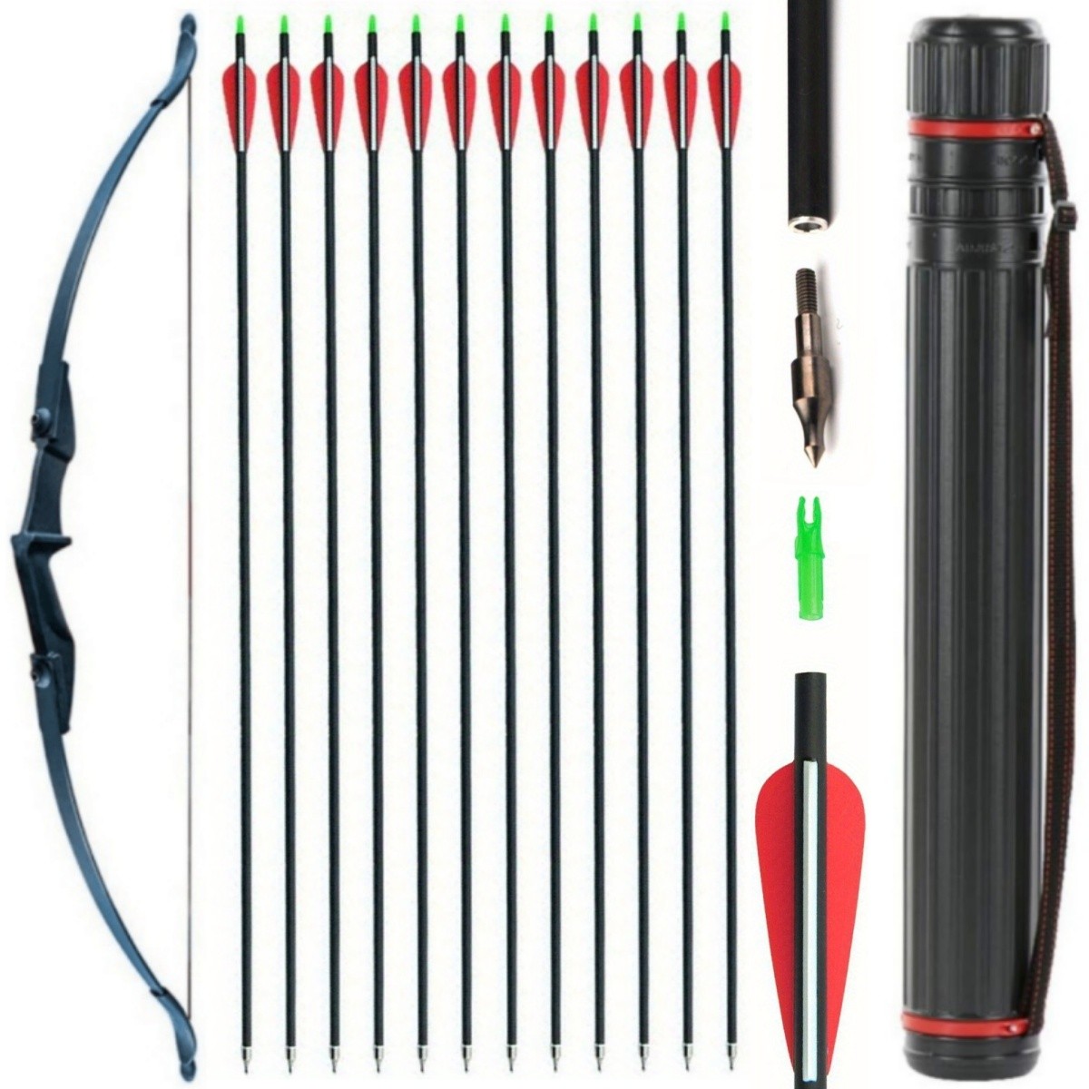 20Lbs Recurve Bow and Arrow Tube Quiver Suit, 57" Takedown Bow 28" Carbon Arrows