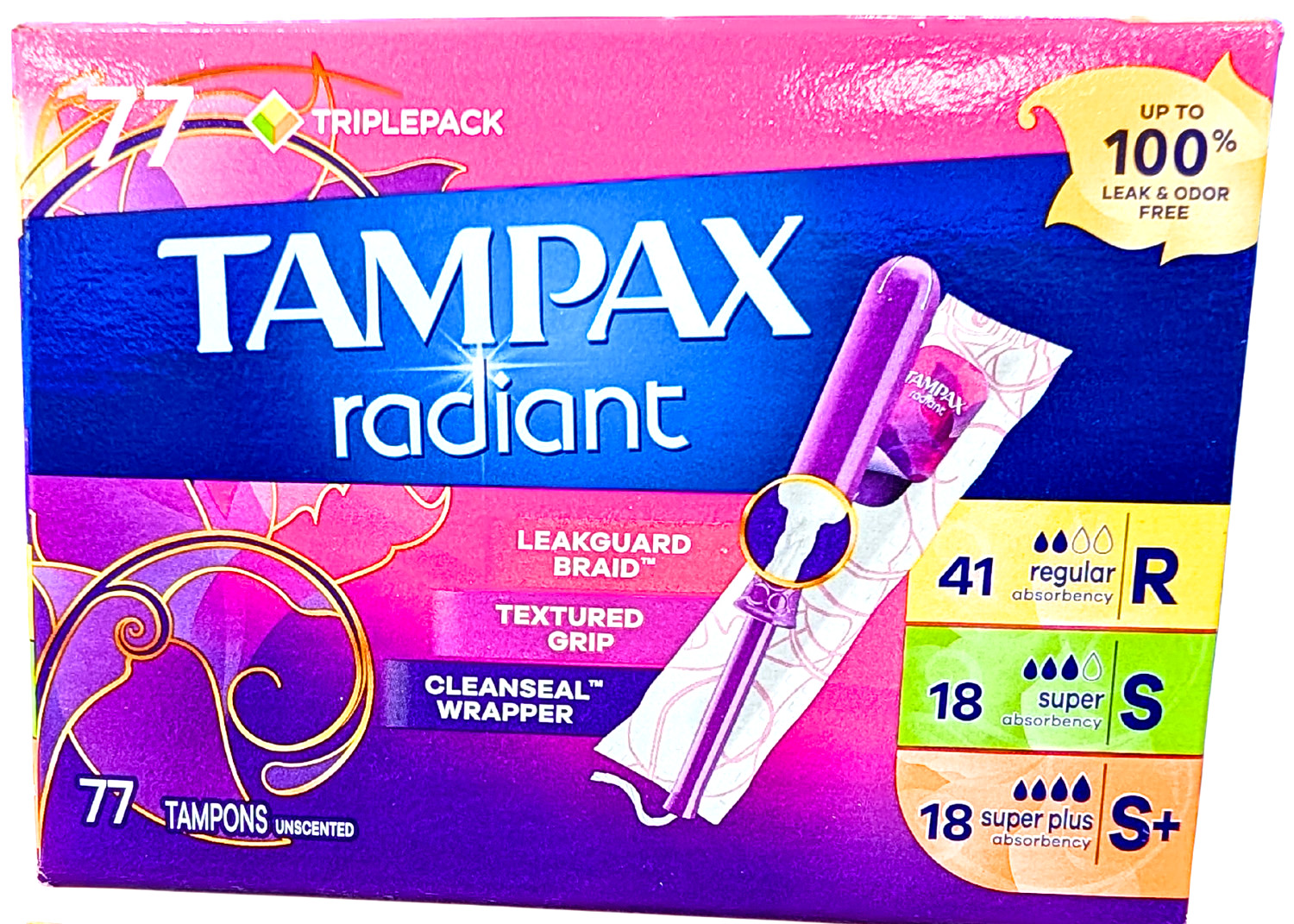Tampax Radiant Tampons Trio Pack Unscented 77 Count