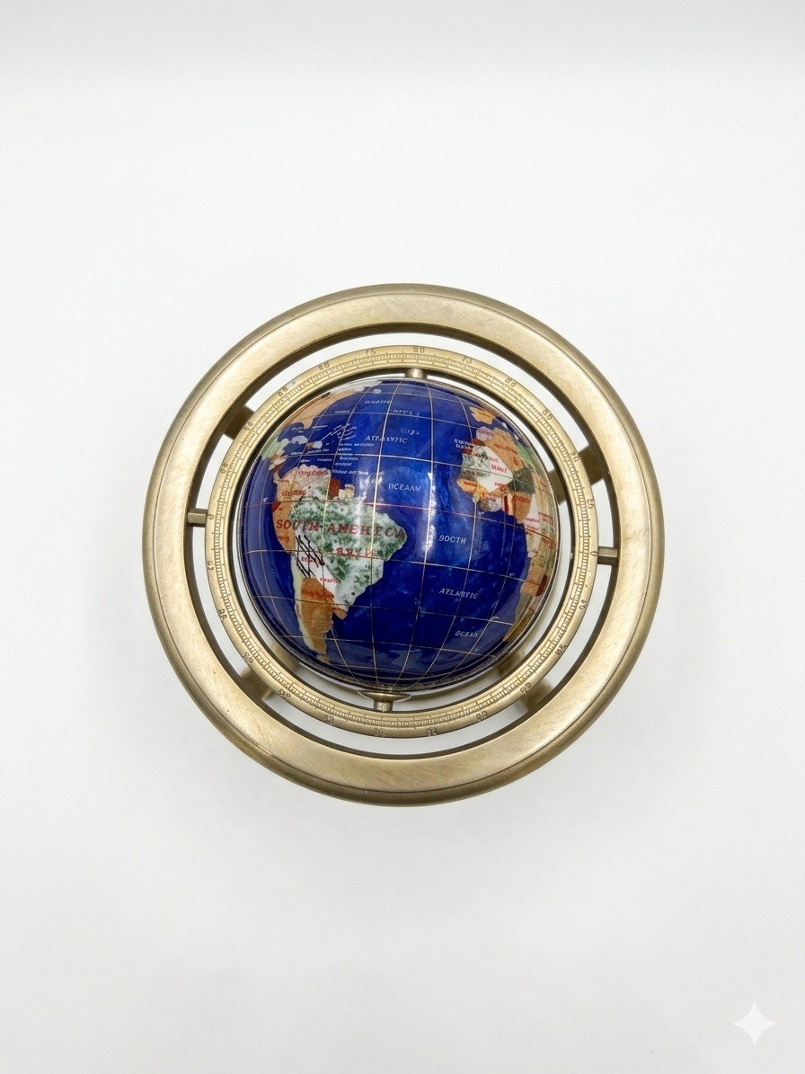 Gemstone Inlay Tabletop World Globe With Brass Frame & Compass 14" Tall