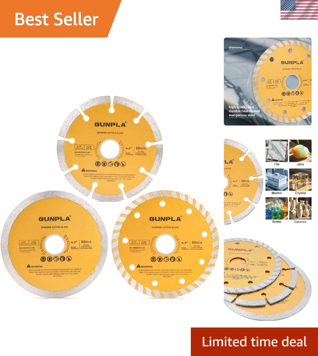 3-Piece 4-1/2" Diamond Cutting Blade Set for Wet/Dry Use - Precision Cutting