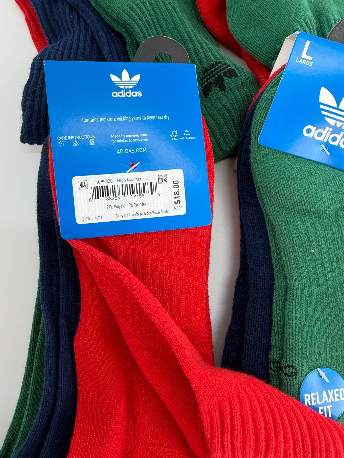 Adidas High Quarter Socks Green Navy Red Size L New 18 Pairs 6 Per Color NWT