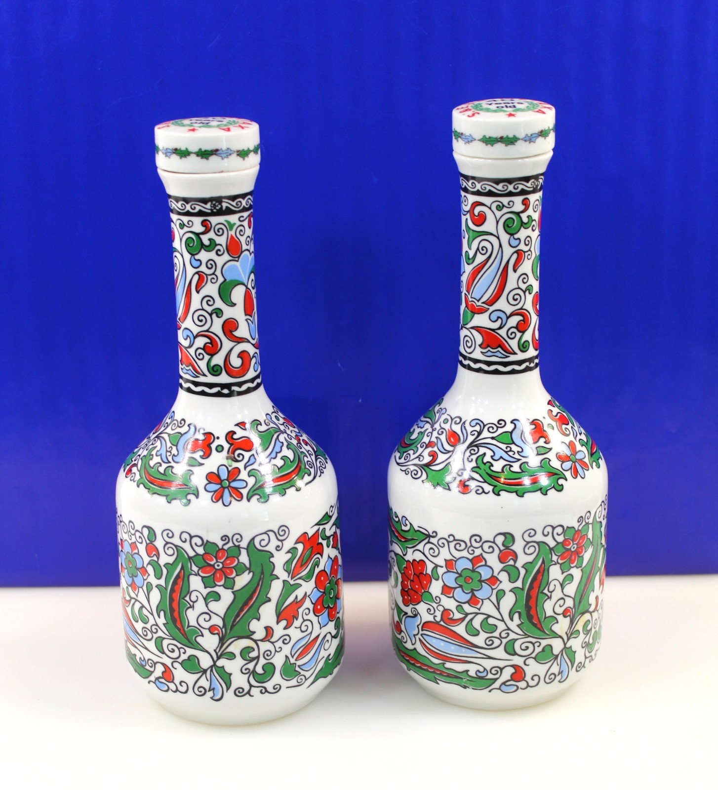 Set of Two Vintage Metaxa Bottles Decanters, Porcelain from Greece 11" Tall