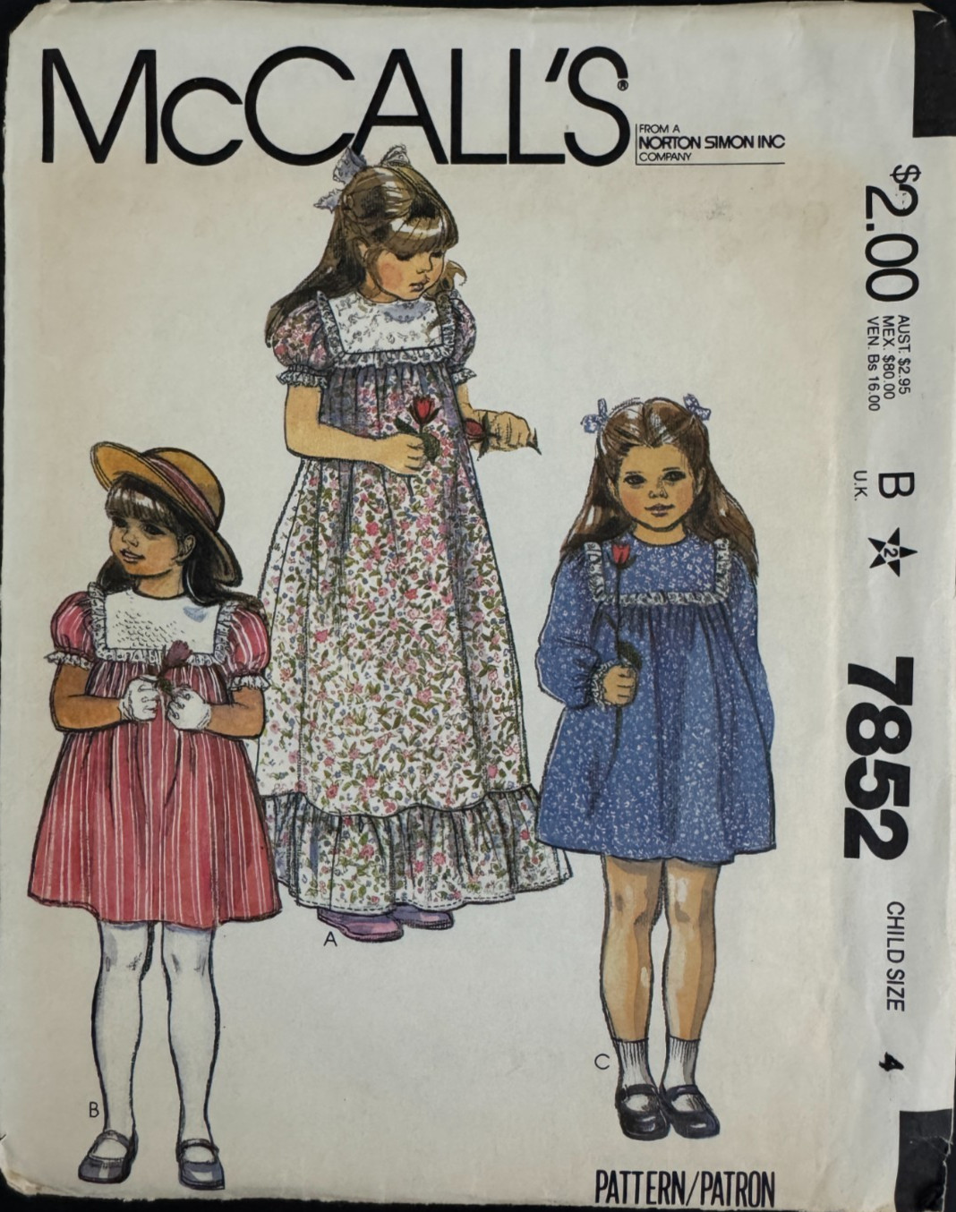 7852 McCall's 1980s Girl's Sewing Pattern DRESS Size 4 4T