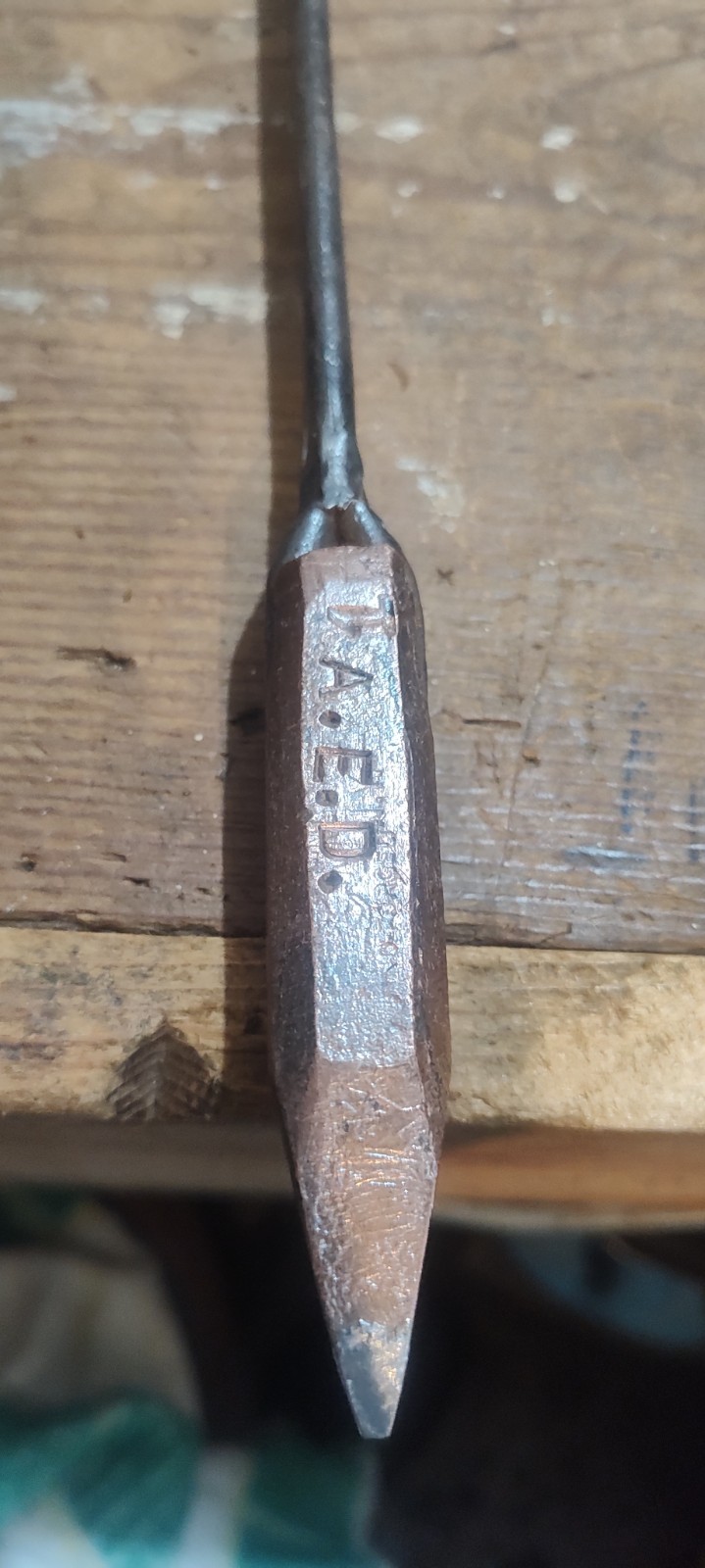 Soldering iron, flame heated copper tip with wood handle, Initial D.A.E .D
