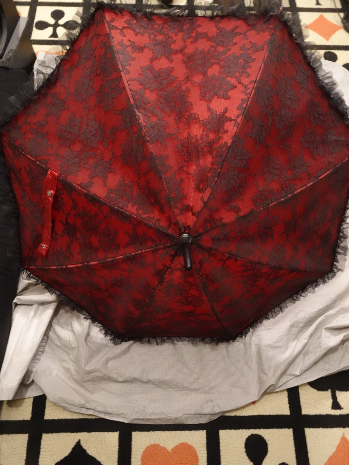 Guy de Jean French Lace Parasol Black and Red