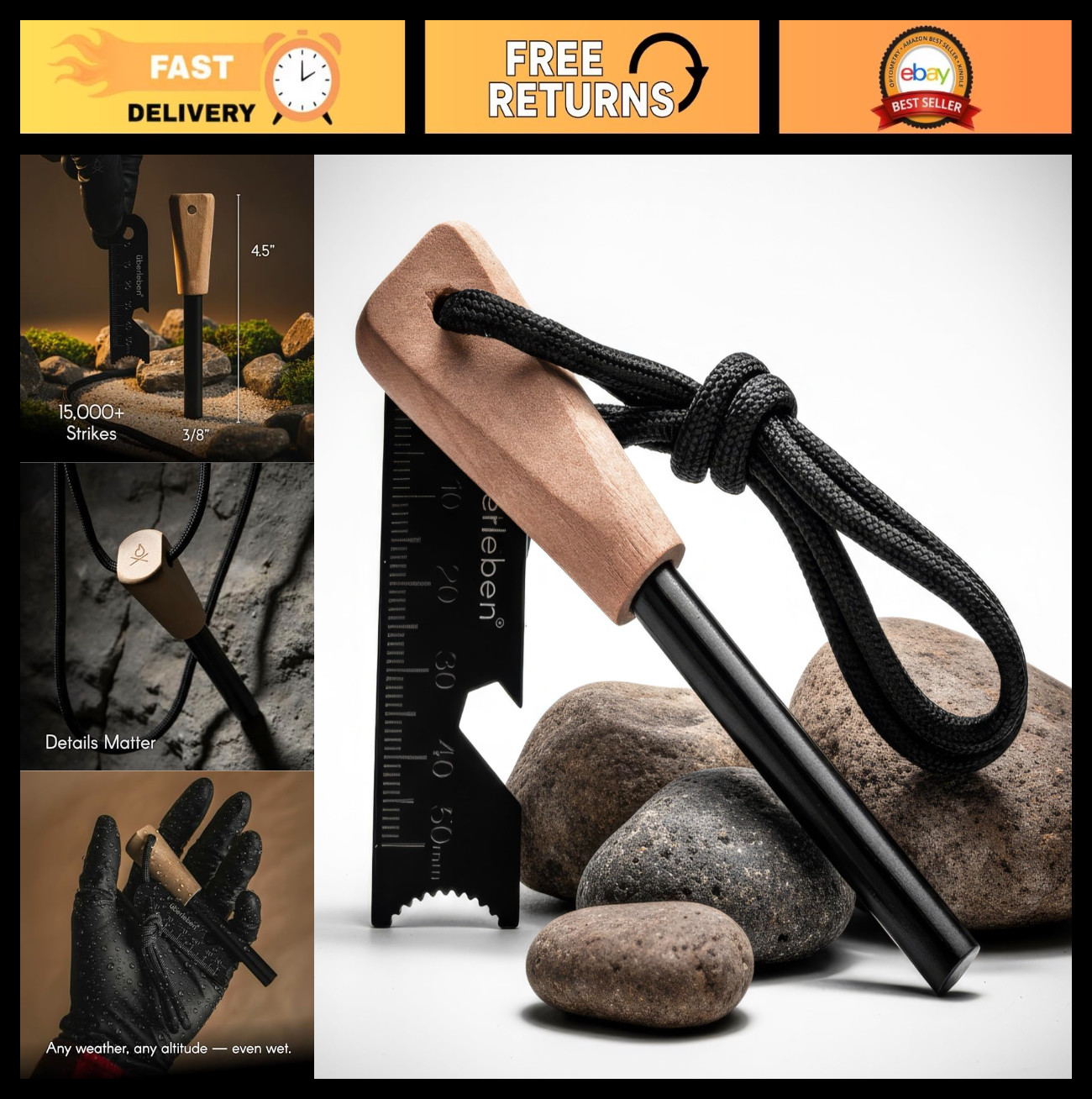Ferro Rod Fire Starter Survival Tool - 15,000 Strikes, Waterproof, Multi-Tool, L