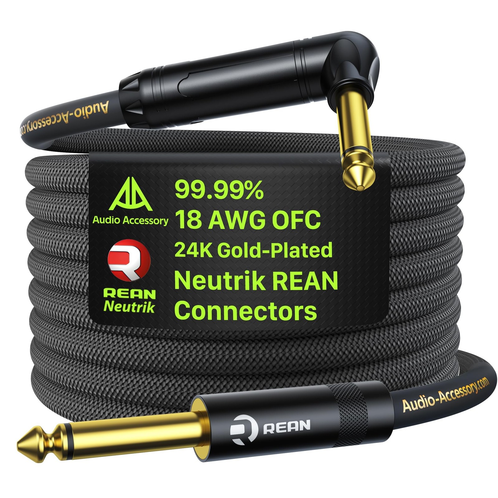AA AUDIO ACCESSORY Pro Series Guitar Cable 10 ft, Gold-Plated Neutrik REAN Co...