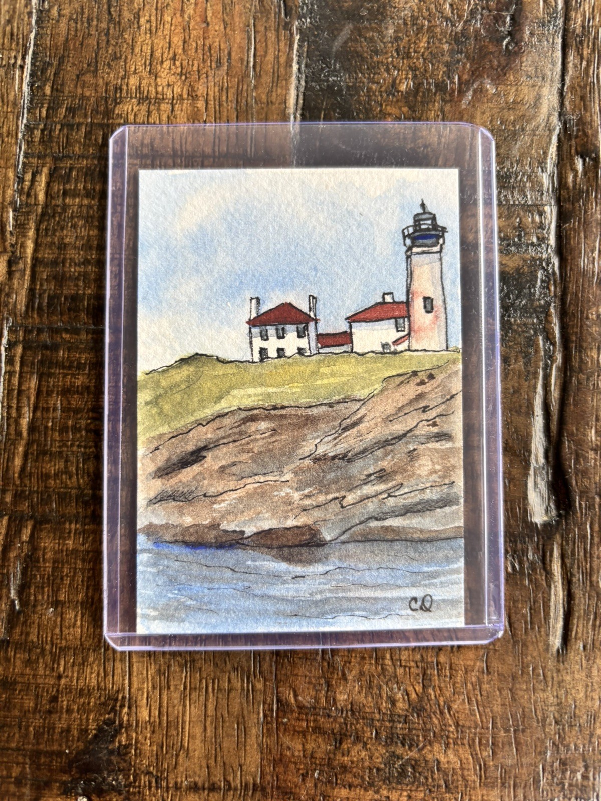 Original Watercolor ACEO Painting - Beavertail Lighthouse RI - Signed 2.5x3.5