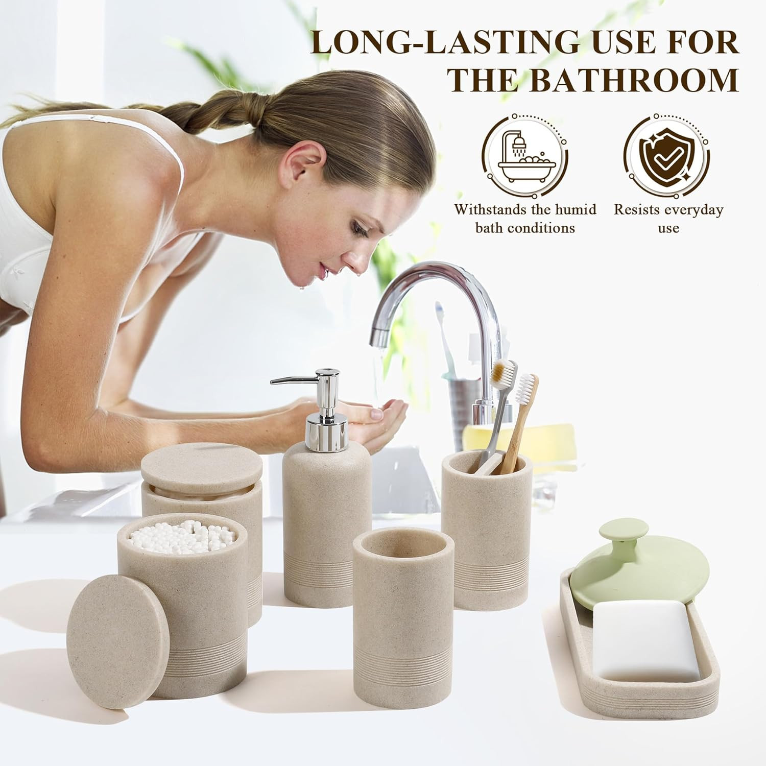 6-Piece Modern Bathroom Accessories Set in Beige - Organizer & Dispenser