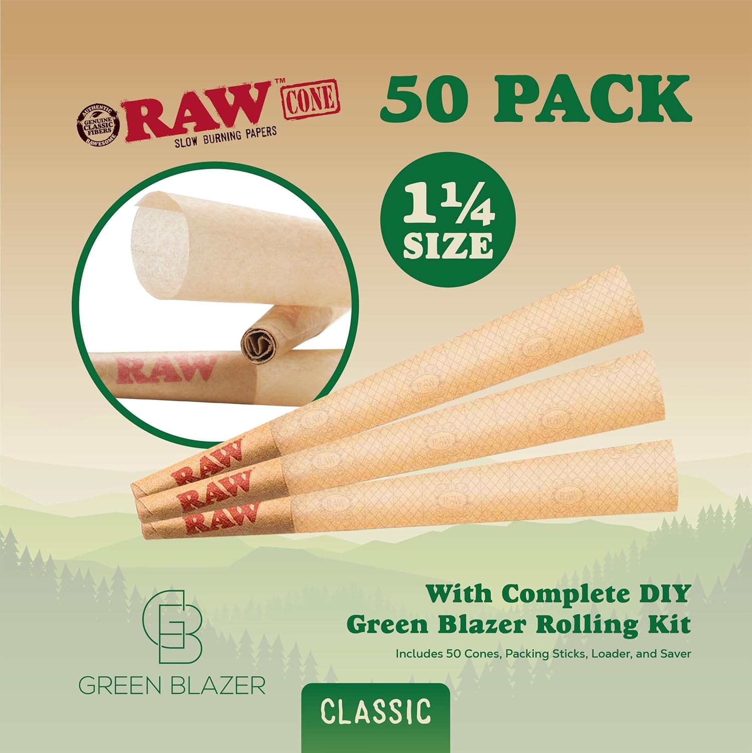 RAW Cones Classic 1 1/4 Size: 50 Pack