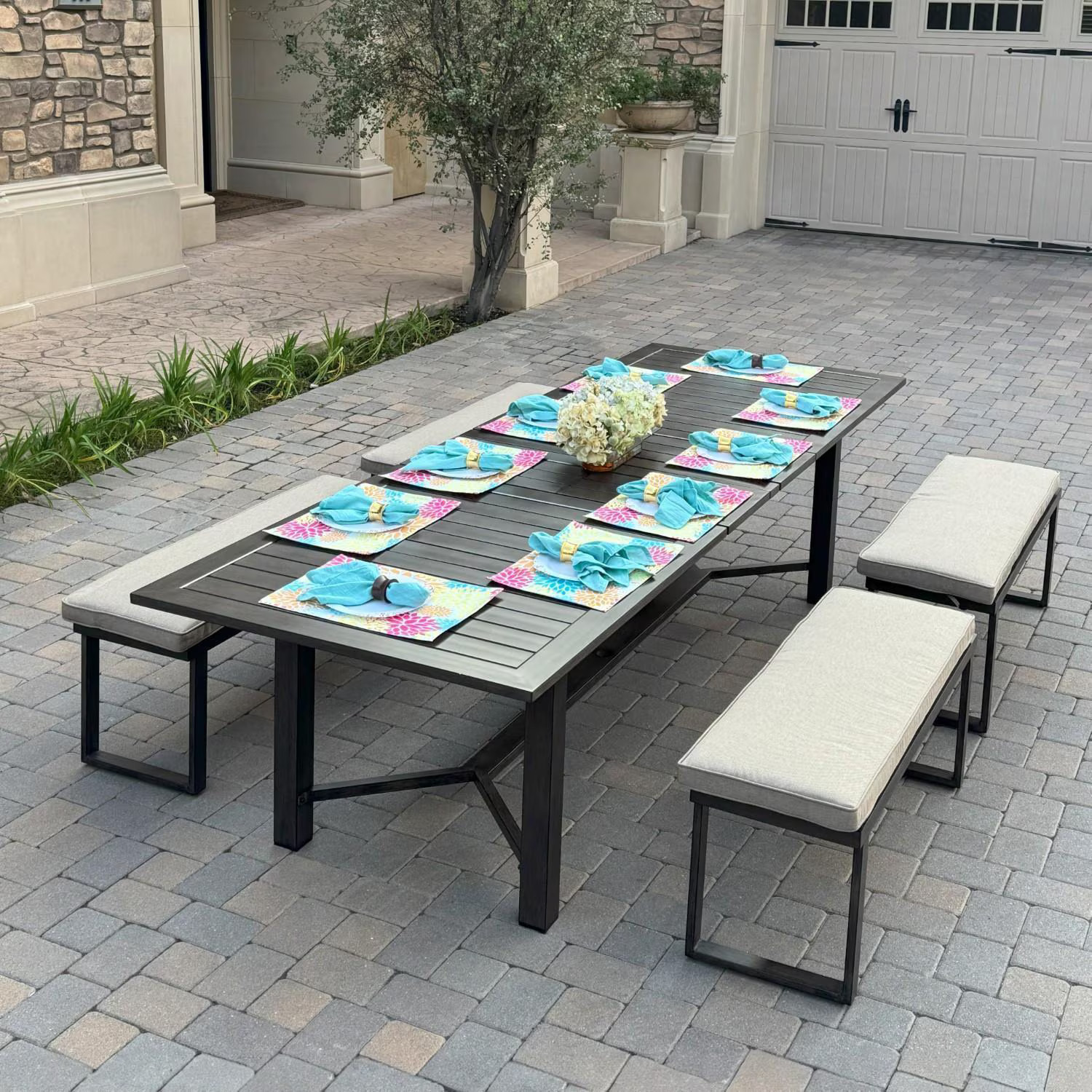 Atlantis 5 Pc Aluminum Dining Set 4 Two Person Benches & Extension Table in