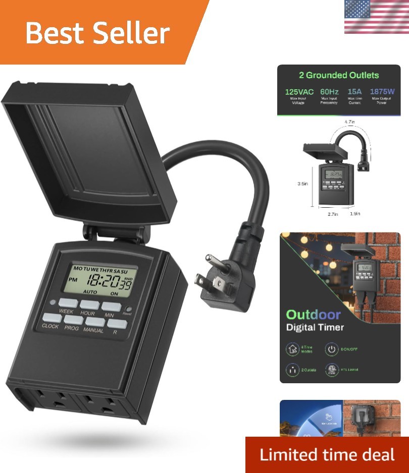 7 Day Outdoor Heavy Duty Digital Programmable Timer, Outdoor Timer Outlet Wat...
