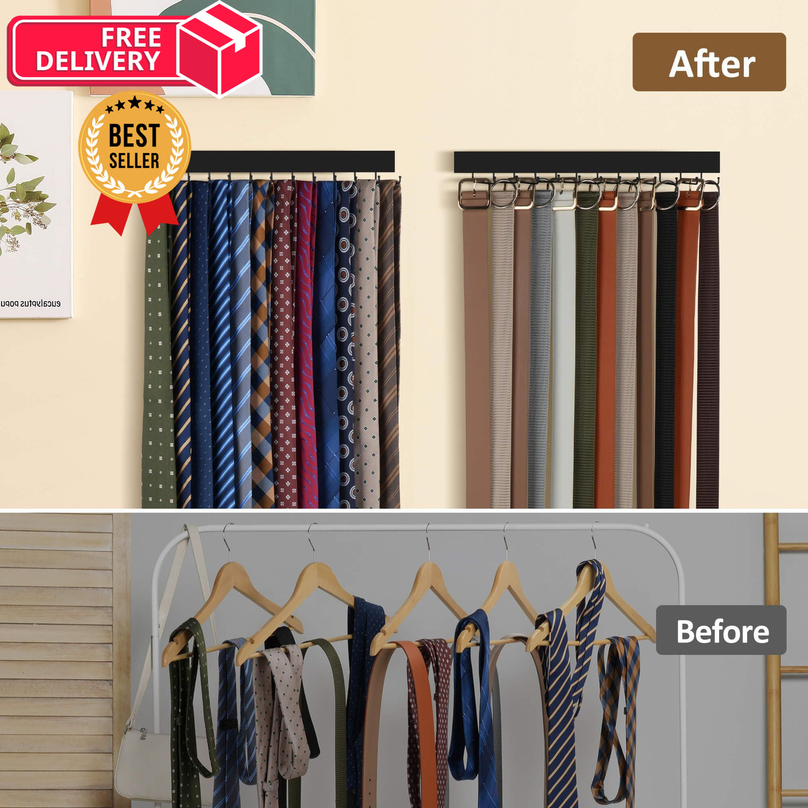 ZEDODIER 2 Pack Wodden Tie Hanger Wall Mounted, Space Saving 2 Pack, Black
