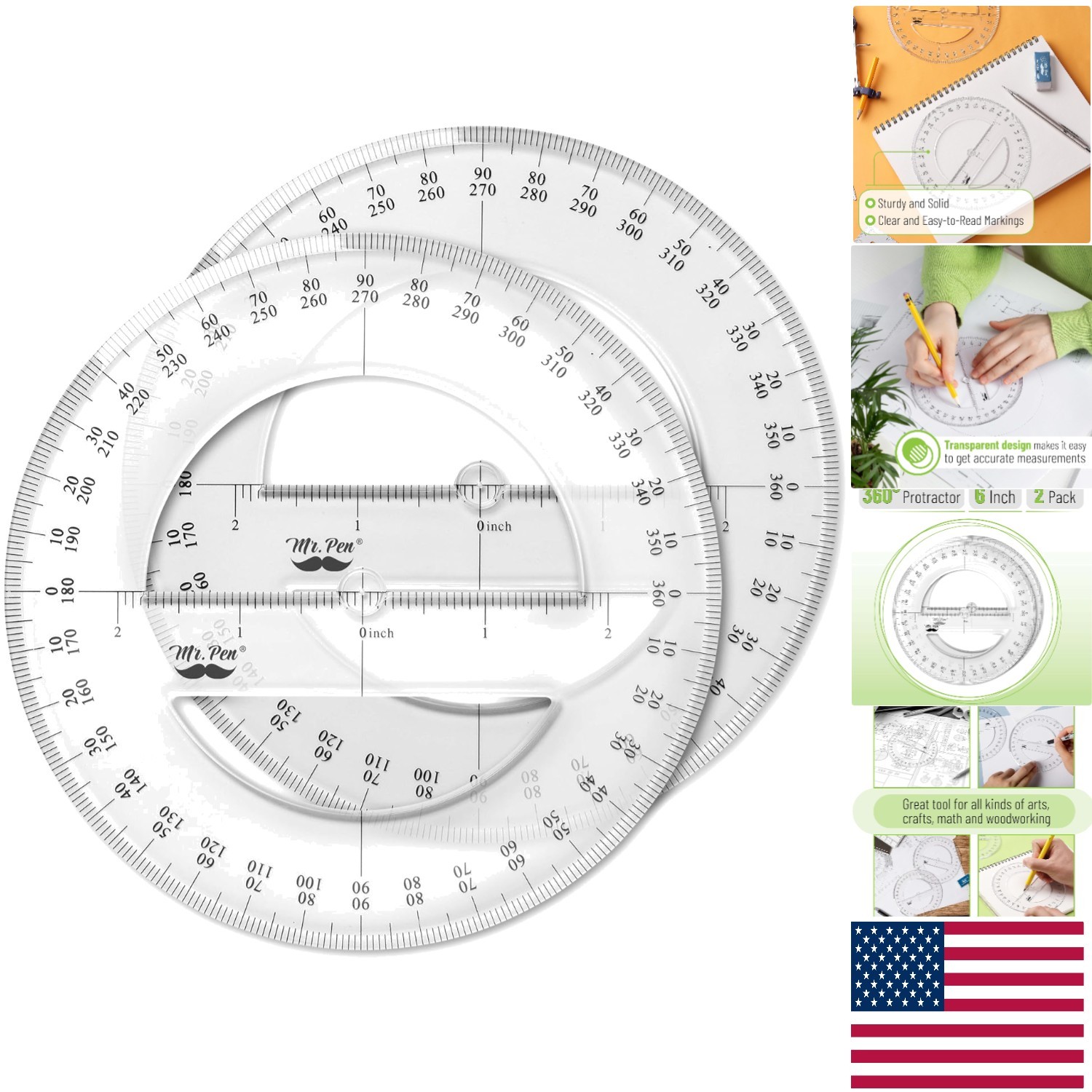 Math Geometry Protractor Set - 2  360-Degree Protractors in Clear Plastic
