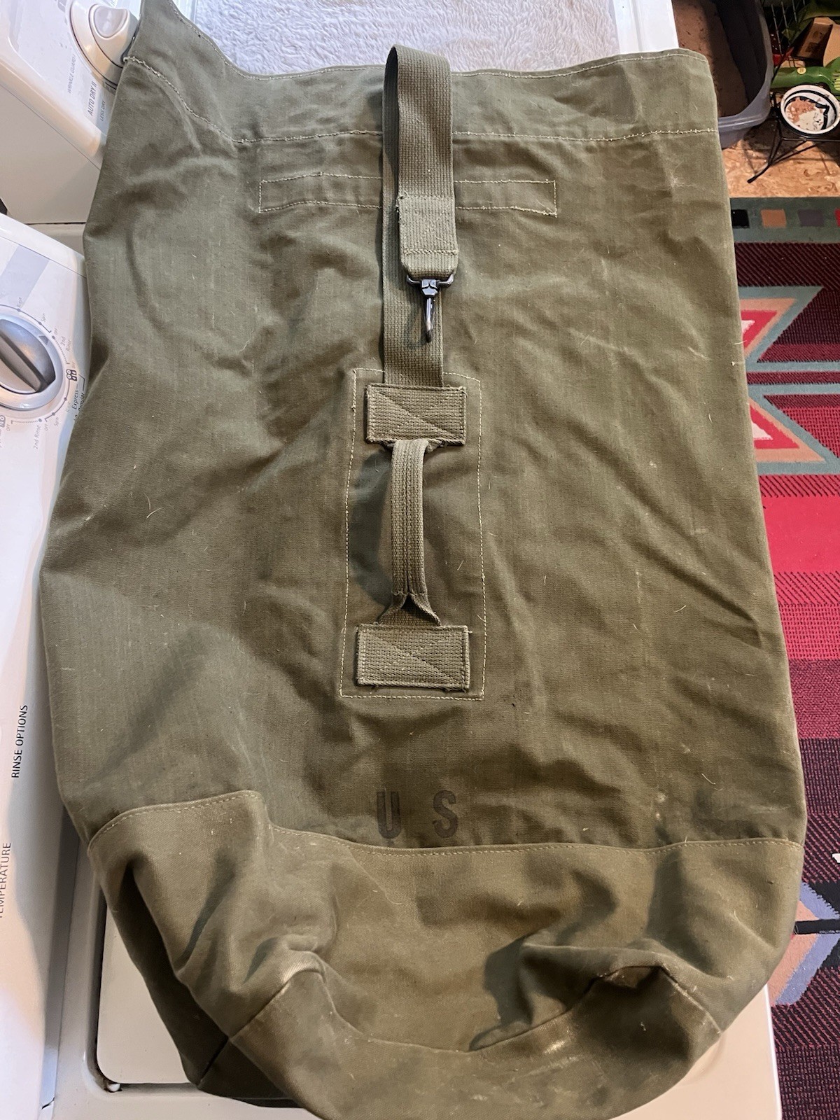 Vintage US Army Military Duffel Bag Large Olive Green Cotton Canvas