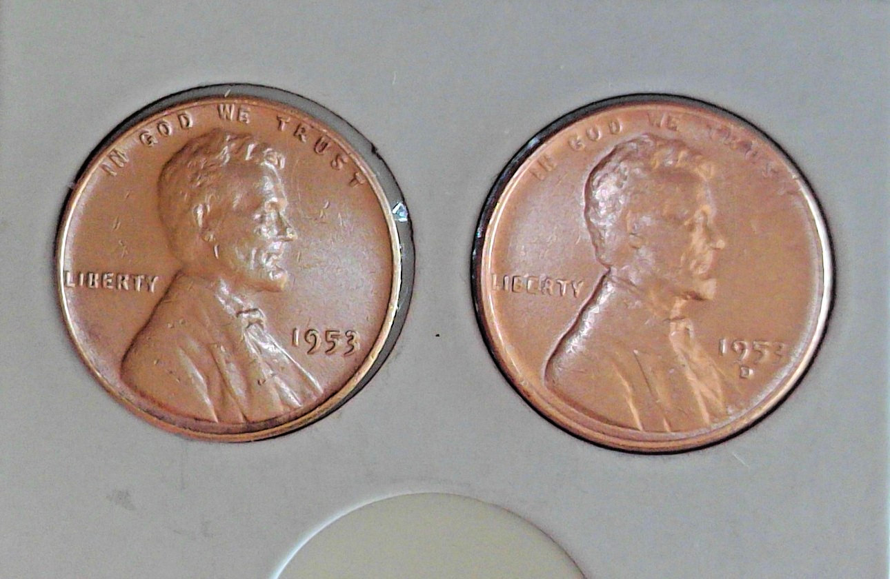1953 P & D Lincoln Cent, Full Wheat Lines, Lot of 2