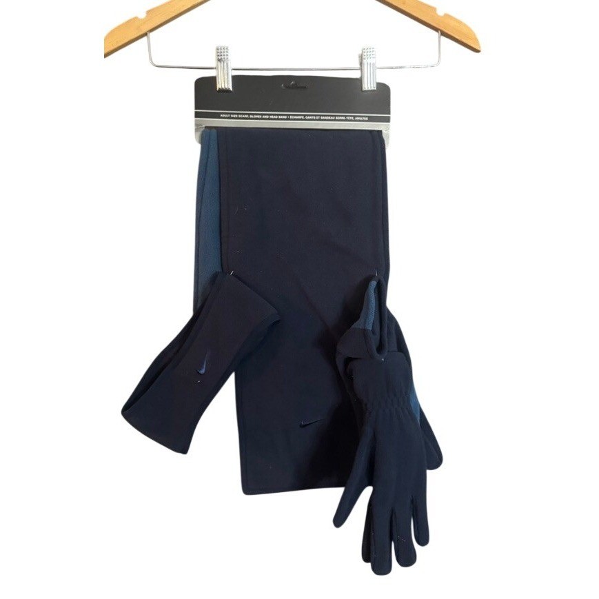 NWT Nike Adult Size Scarf Gloves Headband Set Navy Blue Athletic Winter