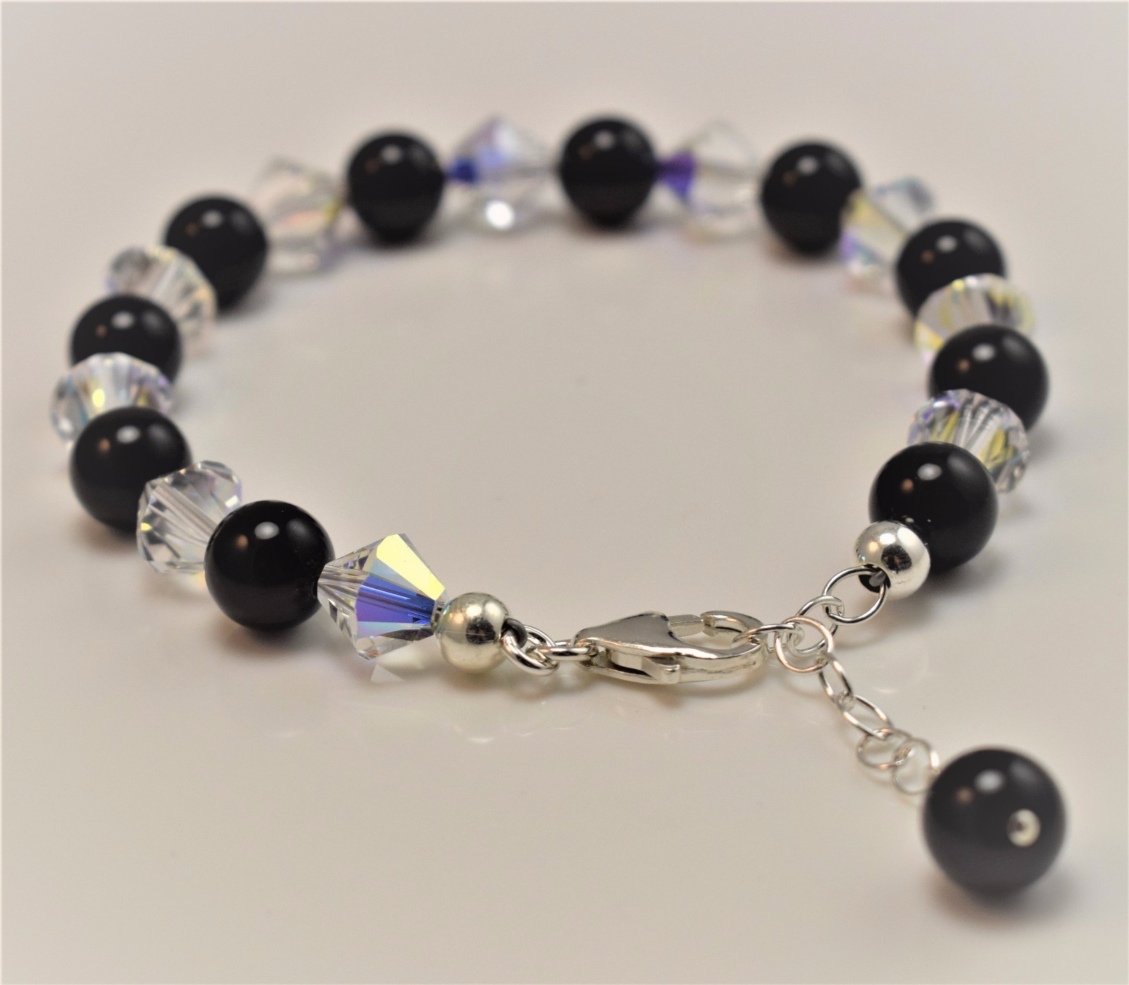 Black Onyx Bracelet made with Crystal Elements 8mm bicone, S. Silver
