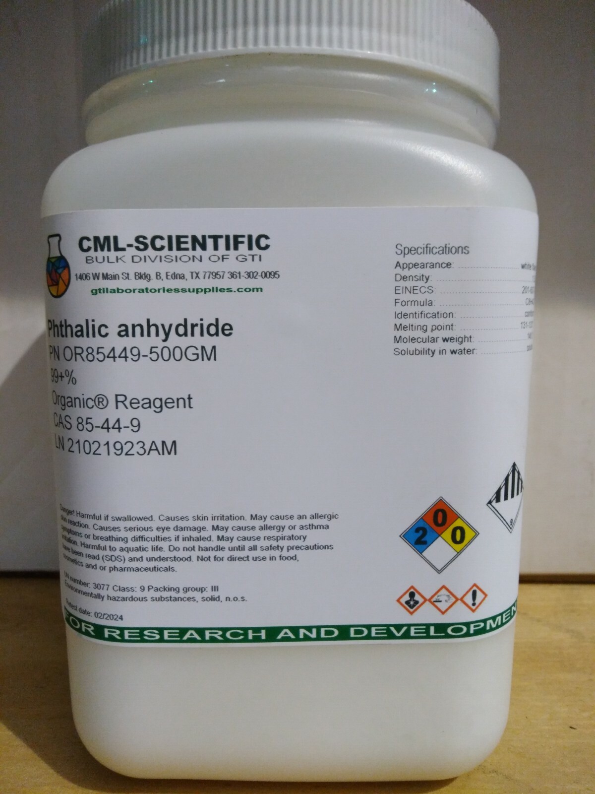 Phthalic Anhydride, Organic® Reagent, 99+%, 500g