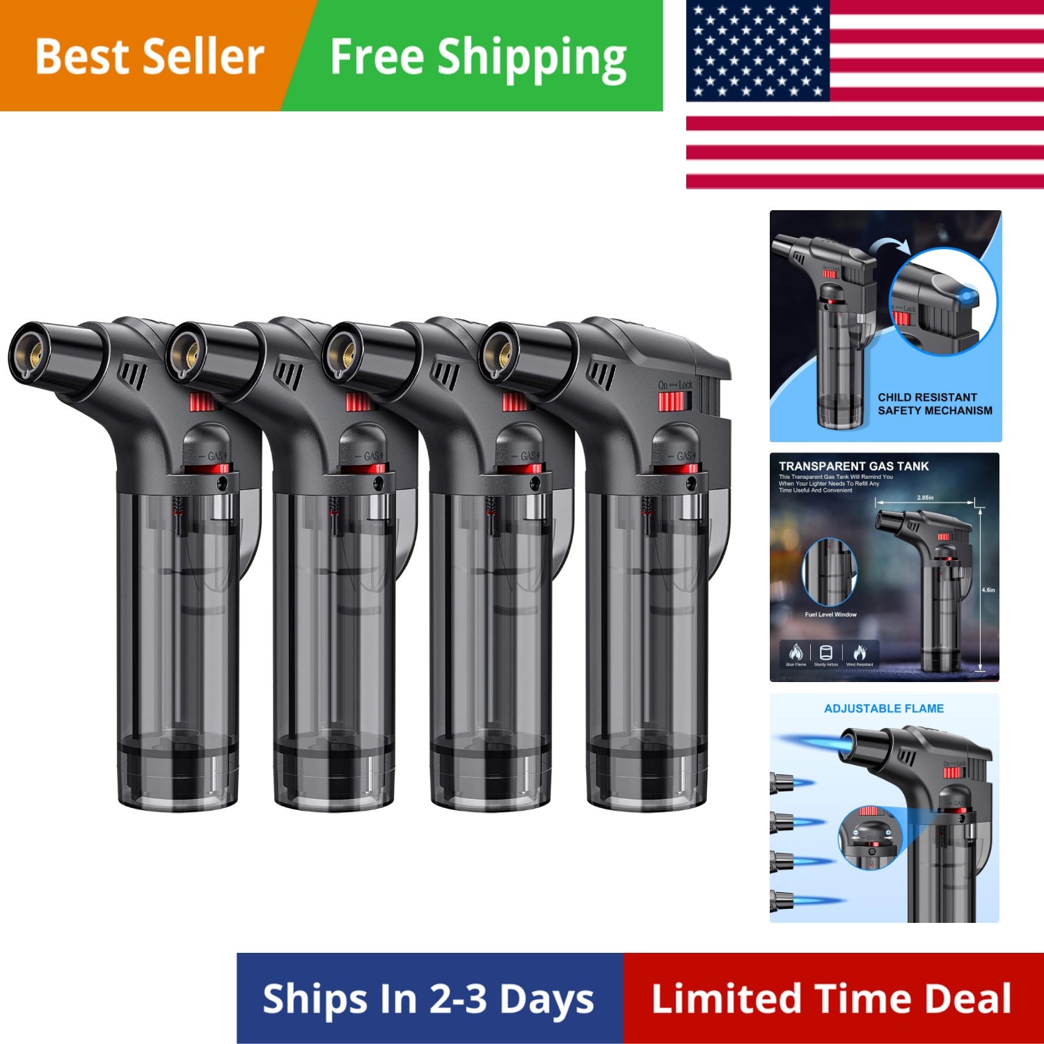 Torch Lighters, 4 Pack, Butane Refillable Jet Flame Torch Lighter, Windproof,...