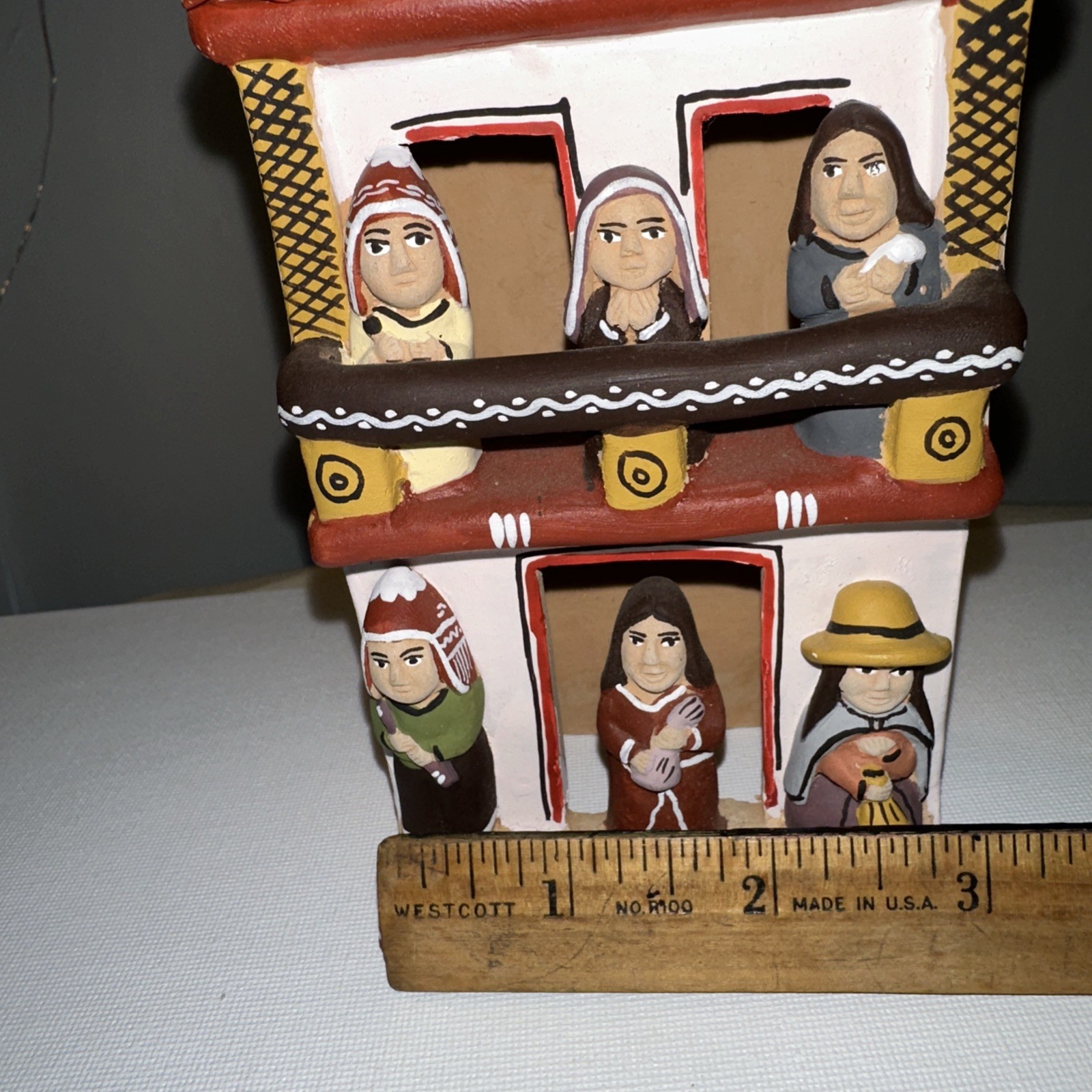 Peruvian Terracotta Handmade Peru Folk Art Building w/Native Figurines Apx 7"Exc