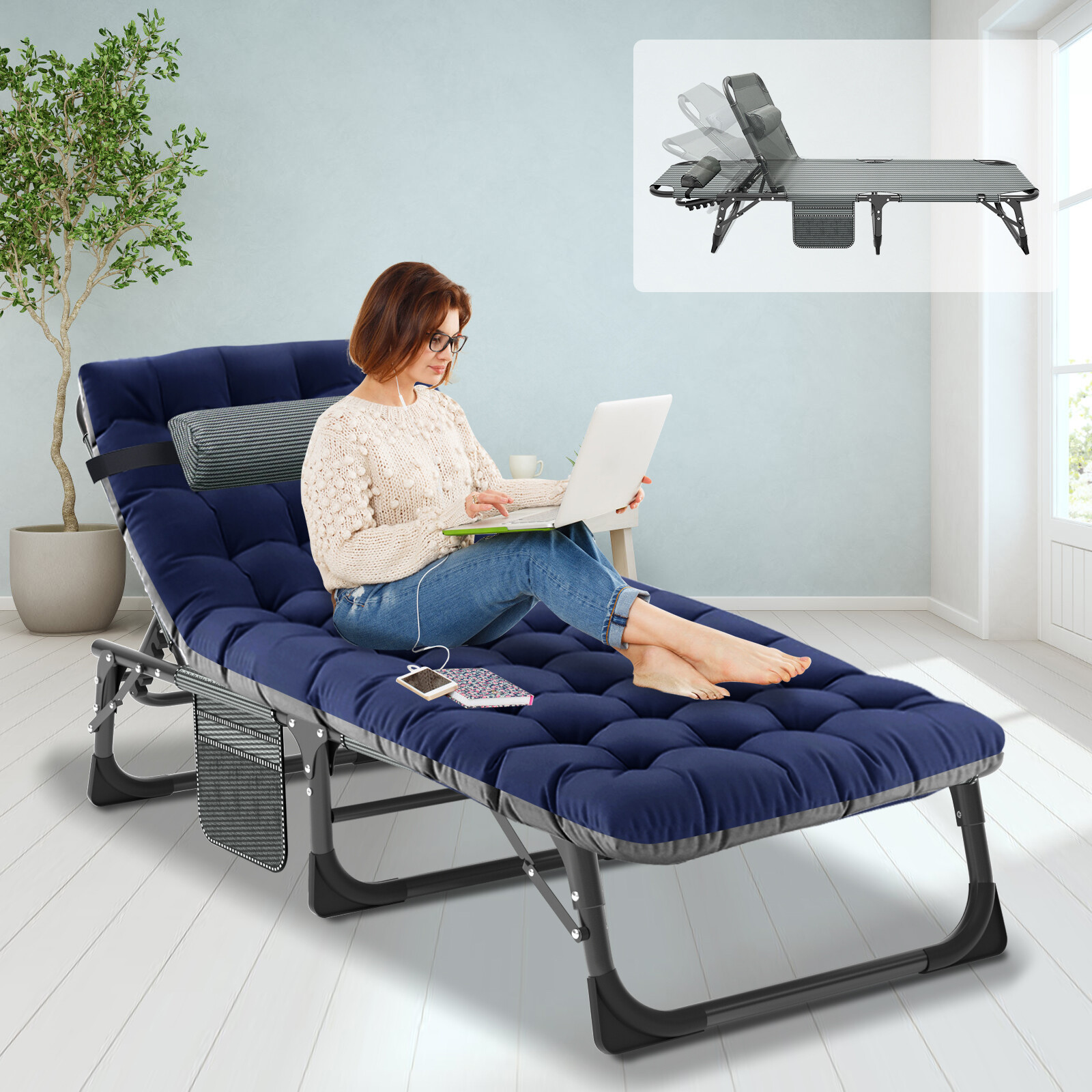 SLSY 5 Gears Bed Camping Cot Outdoor Folding Camping Bed Reclining Chair Chaise