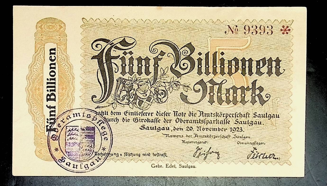 1923 Germany SAULGAU 5.000.000.000.000 / 5 TRILLION MARK