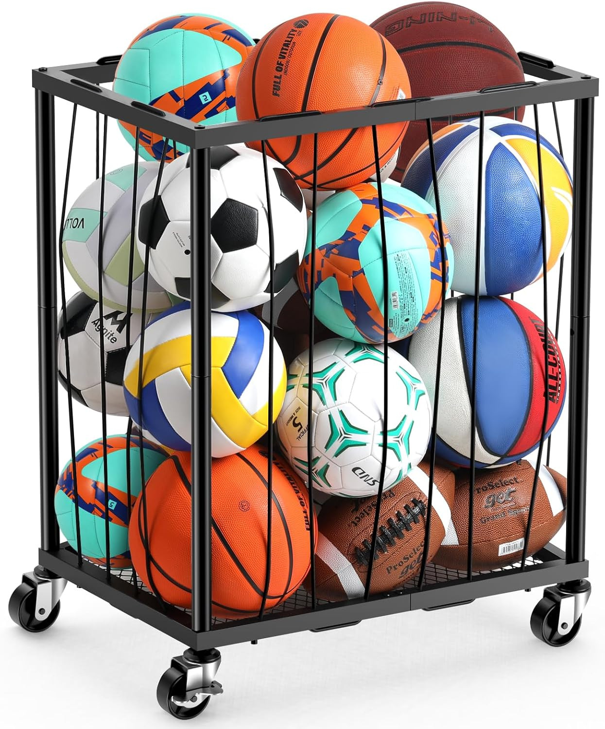 Garage Ball Rolling Storage Rack Large Capacity Basketball Holder with Elastic R