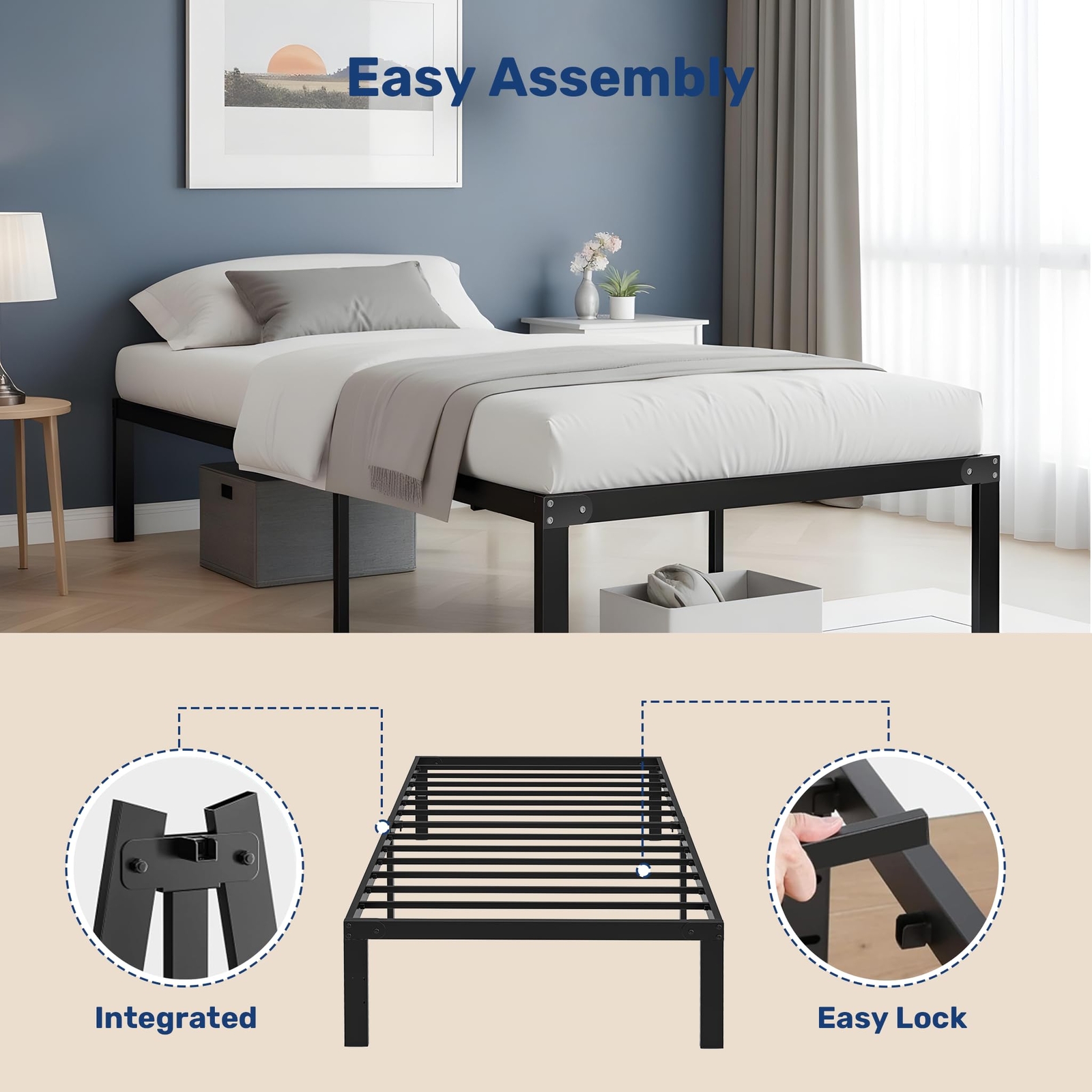 Durable Twin-Size 14” Black Metal Platform Bed Frame – Sturdy & Sleek Design