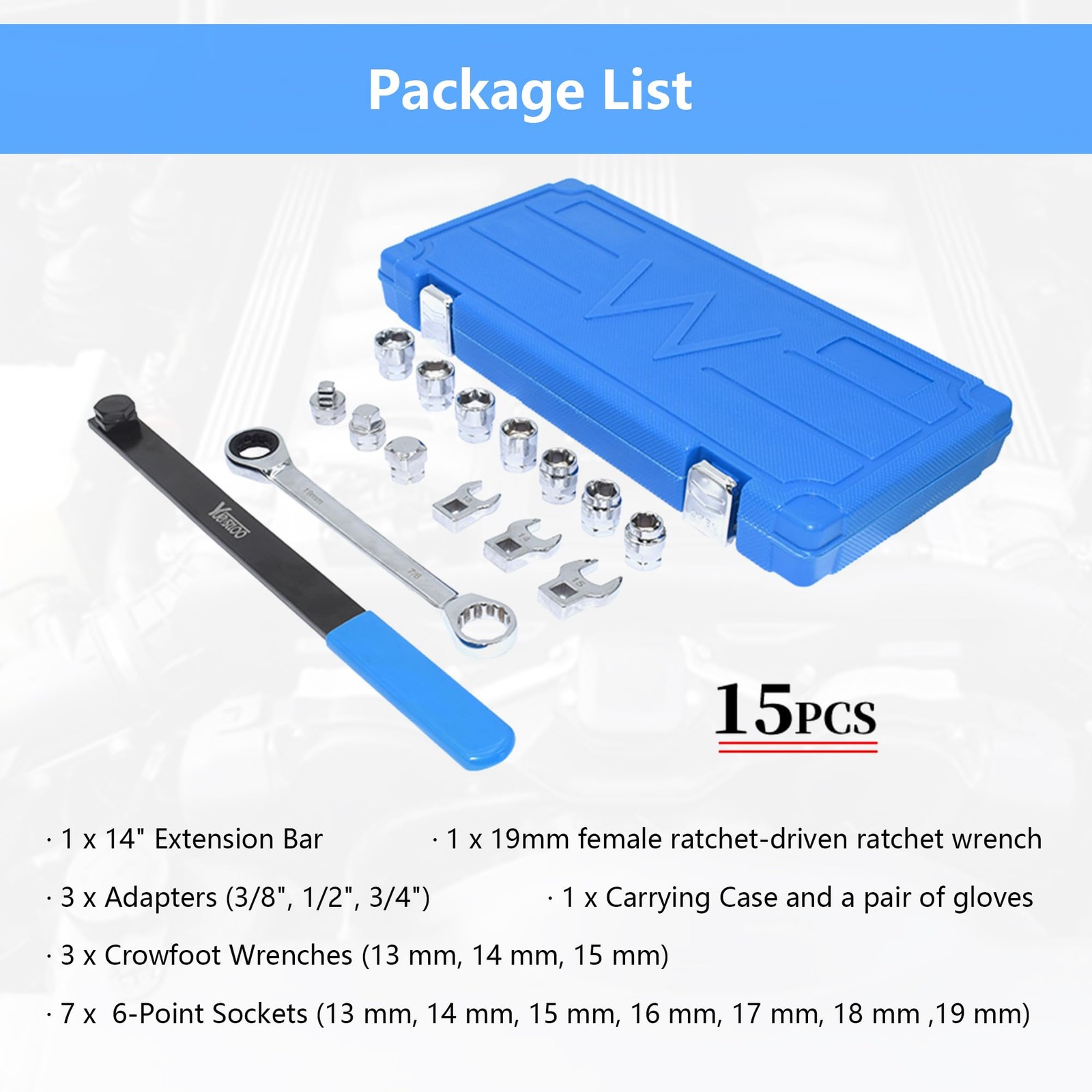 Yuesstloo 15pcs Universal Ratcheting Serpentine Belt Tool Set, Blue Case