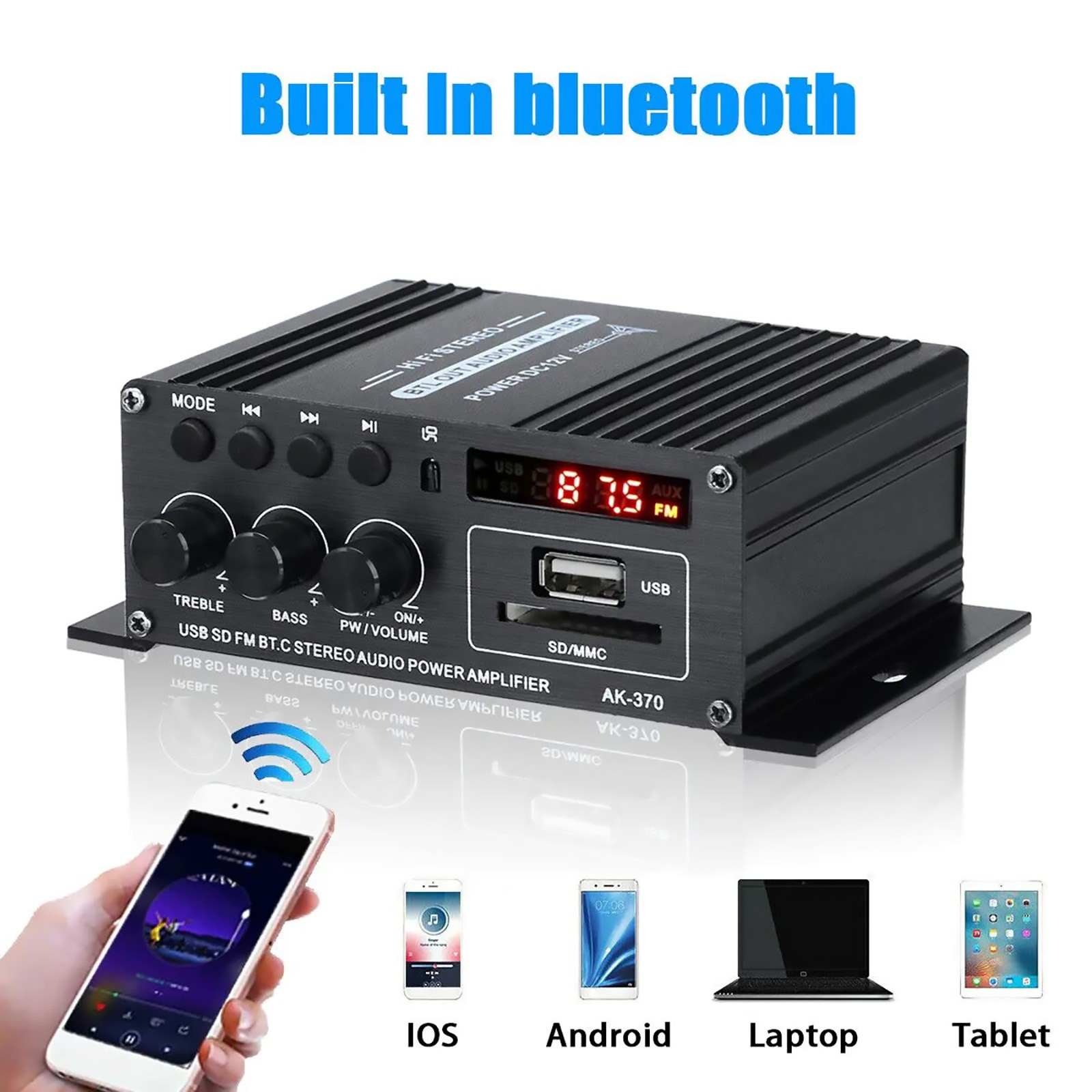 AK370 Power Digital Amplifier Bluetooth HIFI Stereo SD Card U disk AUX input