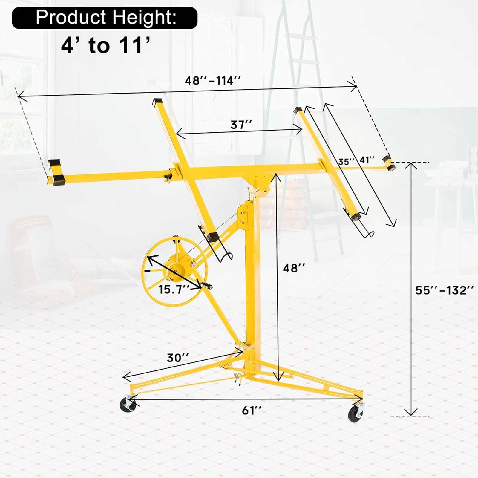 11FT Drywall Lift Panel Hoist Sheetrock Plasterboard Jack Lifter 150LB Yellow