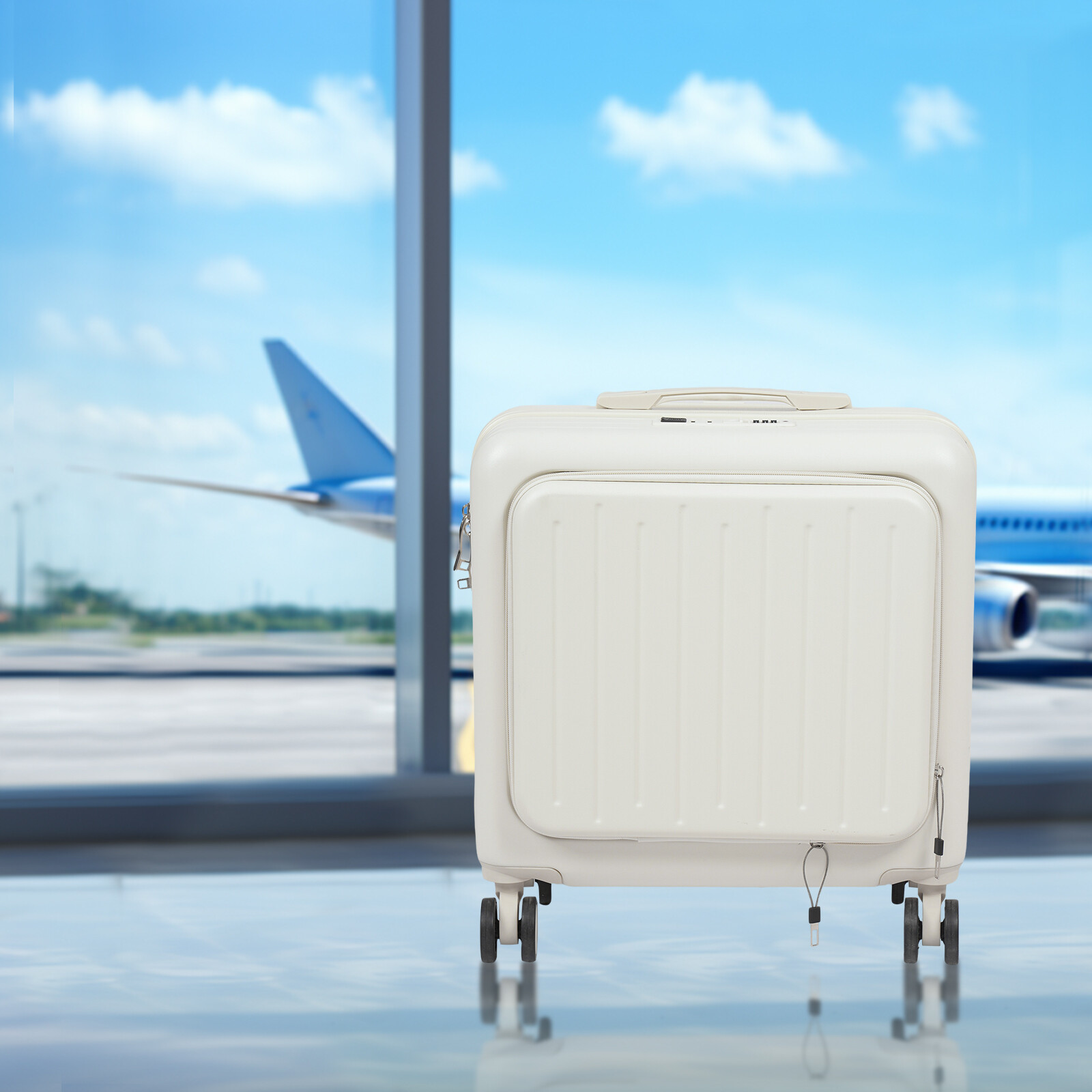 18" Boarding Suitcase, Suitcase with Front Pocket, White Travel Luggage Suitcase