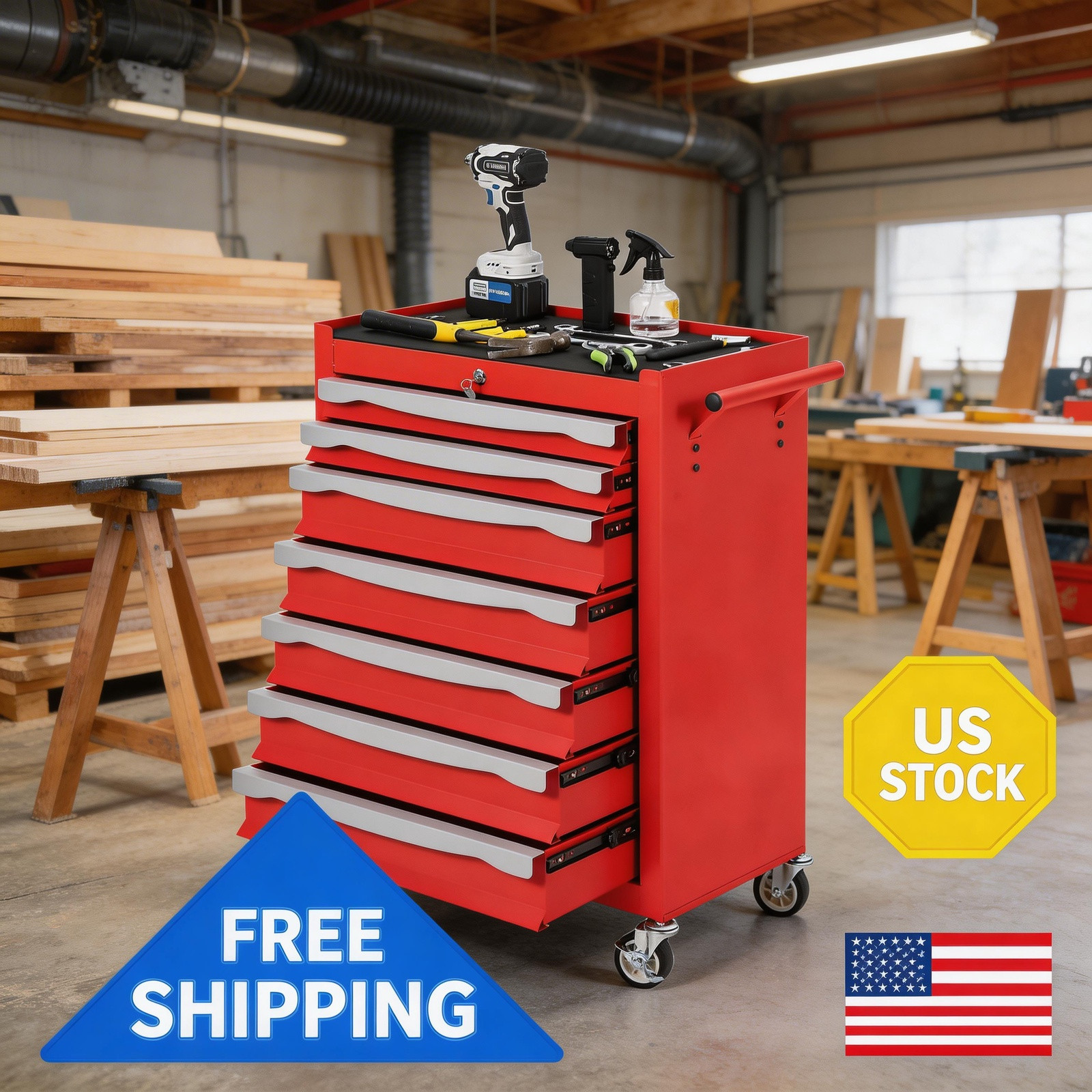 7-Drawer Rolling Tool Chest on Wheels, Heavy-Duty Cold-Rolled Steel RED