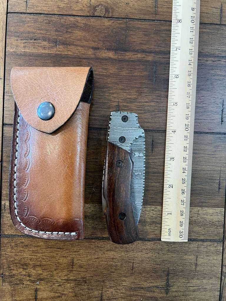 CUSTOM HANDMADE DAMASCUS WOOD HANDLE FOLDING KNIFE W/ PREMIUM SHEATH 29