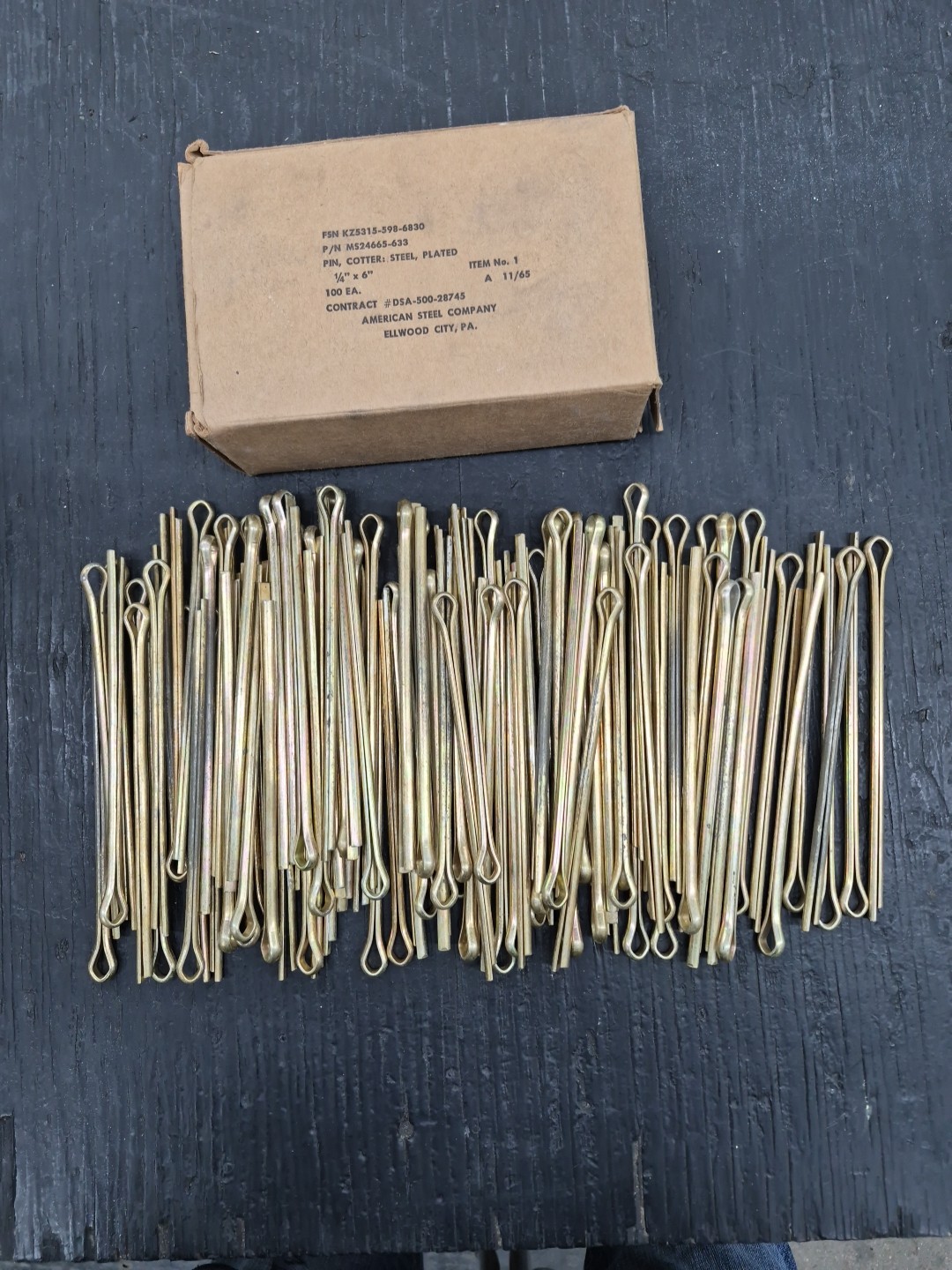 Cotter Pins 1/4" X 6" Steel, Plated Ms24665-633. (Lot Of 100)American Steel Co.
